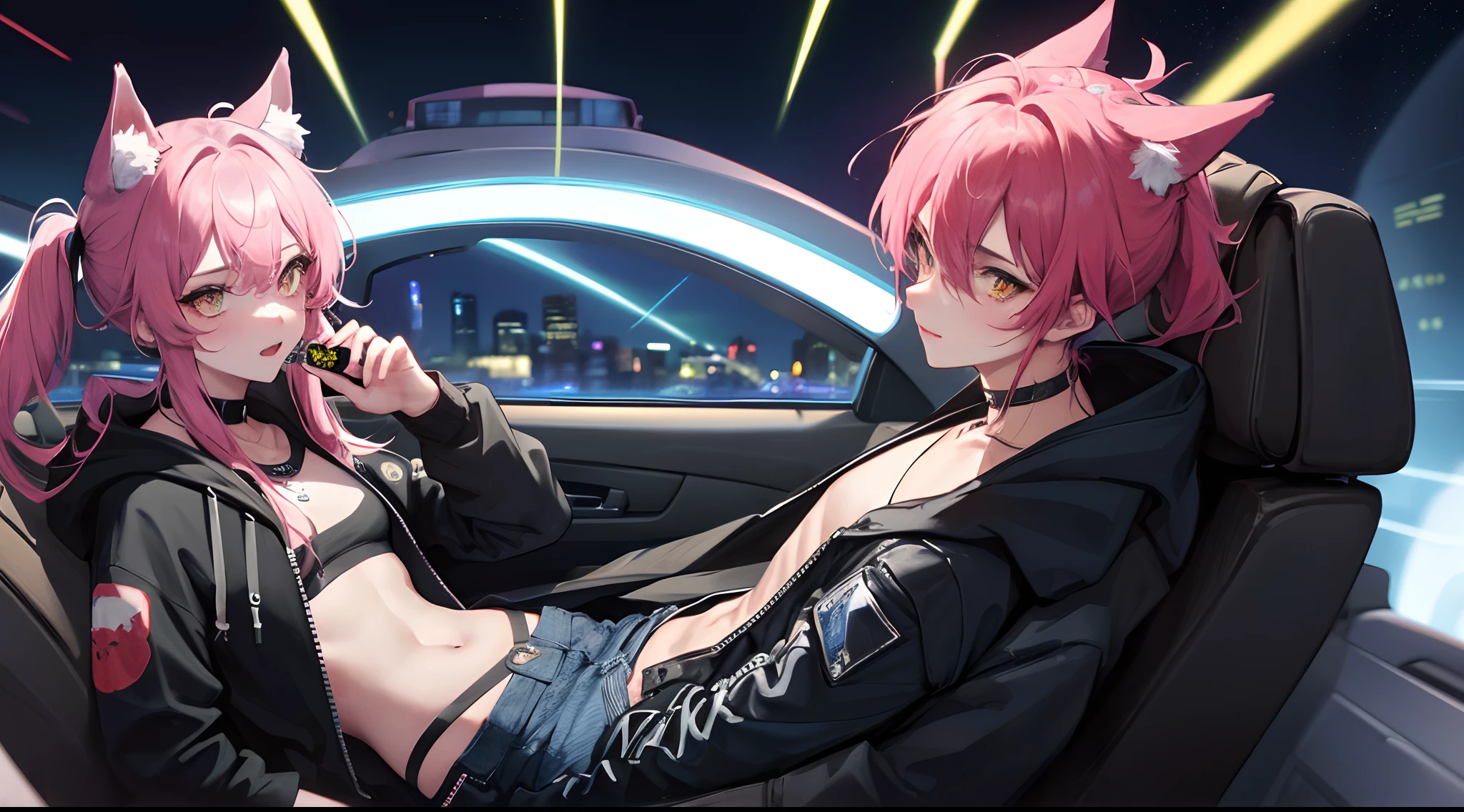 Black and blue wolf driving an all black 1000cc crotch rocket and wearing a black hoodie and dark blue jeans and a pink kitsune fox sitting on the back and wearing a black hoodie and ripped jeans during the night time in a city