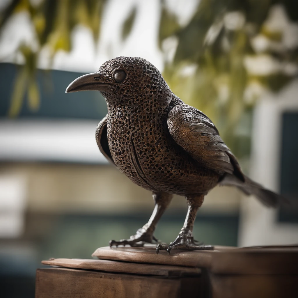 A mechanical bird made from recycled metal. A combination of soft lighting and textures, Intricate details of birds,A sense of harmony between nature and industry. dynamic action,Live mechanical birds,in style of El Anatsui,closeup cleavage