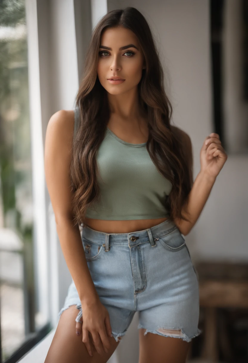 Arafed Mujer con una camiseta blanca sin mangas y un collar, Chica sexy con ojos verdes, Retrato Sophie Mudd, brown hair and large eyes, selfie de una mujer joven, Ojos del dormitorio, Violeta Myers, sin maquillaje, Maquillaje natural, staring directly into camera, cara con artgram, maquillaje sutil, Impresionante foto de cuerpo completo, penetrantes ojos verdes, beautiful angle, Pose atractiva, , pose sexy, Imagen de cuerpo entero, cuerpo completo, full body shoot, Diosa morena, High detail, Pose satisfecha, con falda y botas grises, falda, Botas