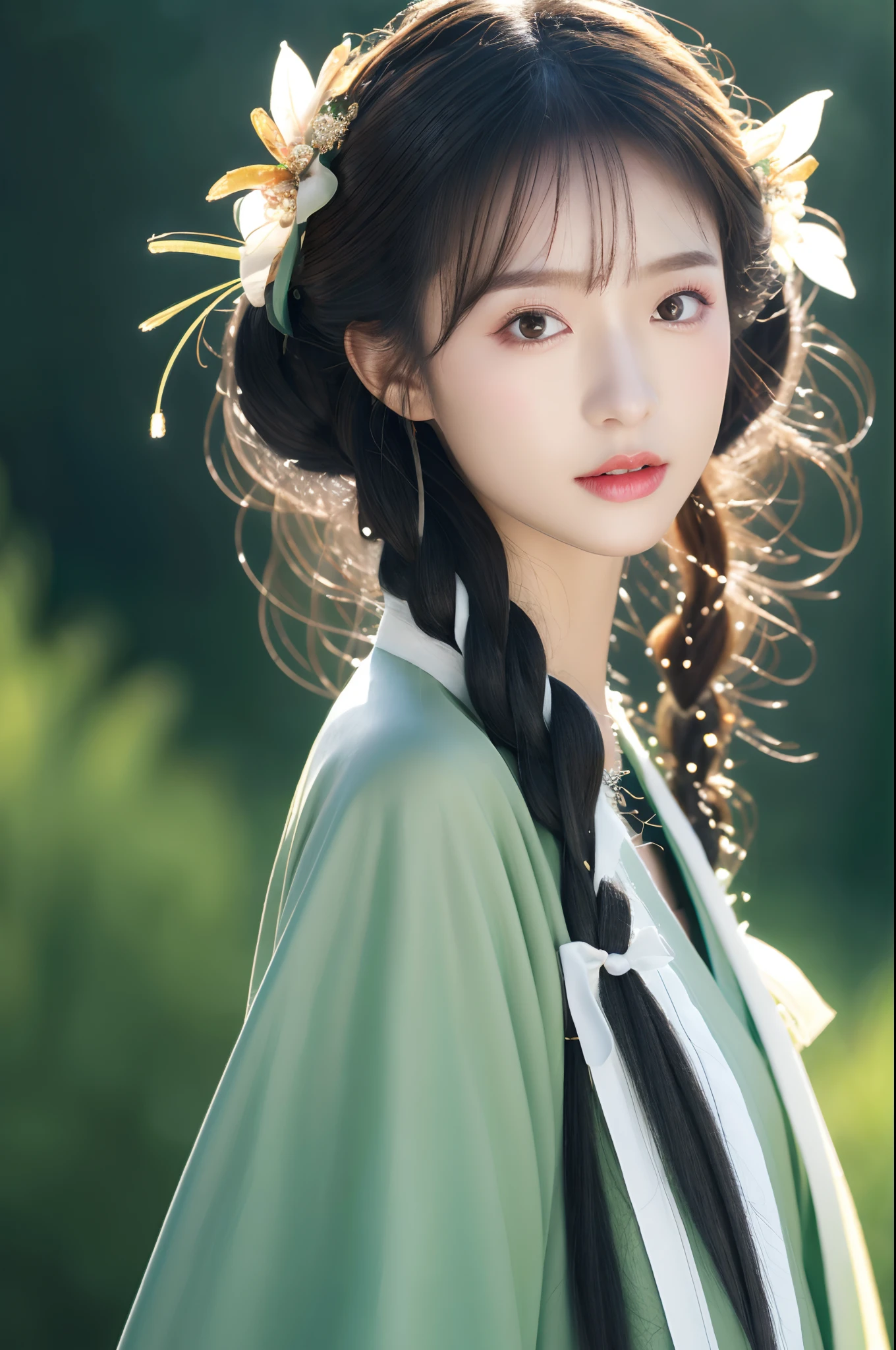 hentail realism，（tmasterpiece，top Quority，best qualtiy），（1 girl solo：1.3，facial closeups，The upper part of the body）， （Gentle eyes），（Green embroidered hanfu，Tulle streamers），（Hairpins，cabelos preto e longos），（Green Hanfu），Light pink lips，（年轻），ear jewelry，(Clear facial features，detailed skin textures，beauitful face，Facial highlights，Above the waist）， standing on your feet，slimfigure，8K  UHD，Slr，softlighting，High picture quality，A high resolution，（Very detailed CG unity 8K wallpaper）