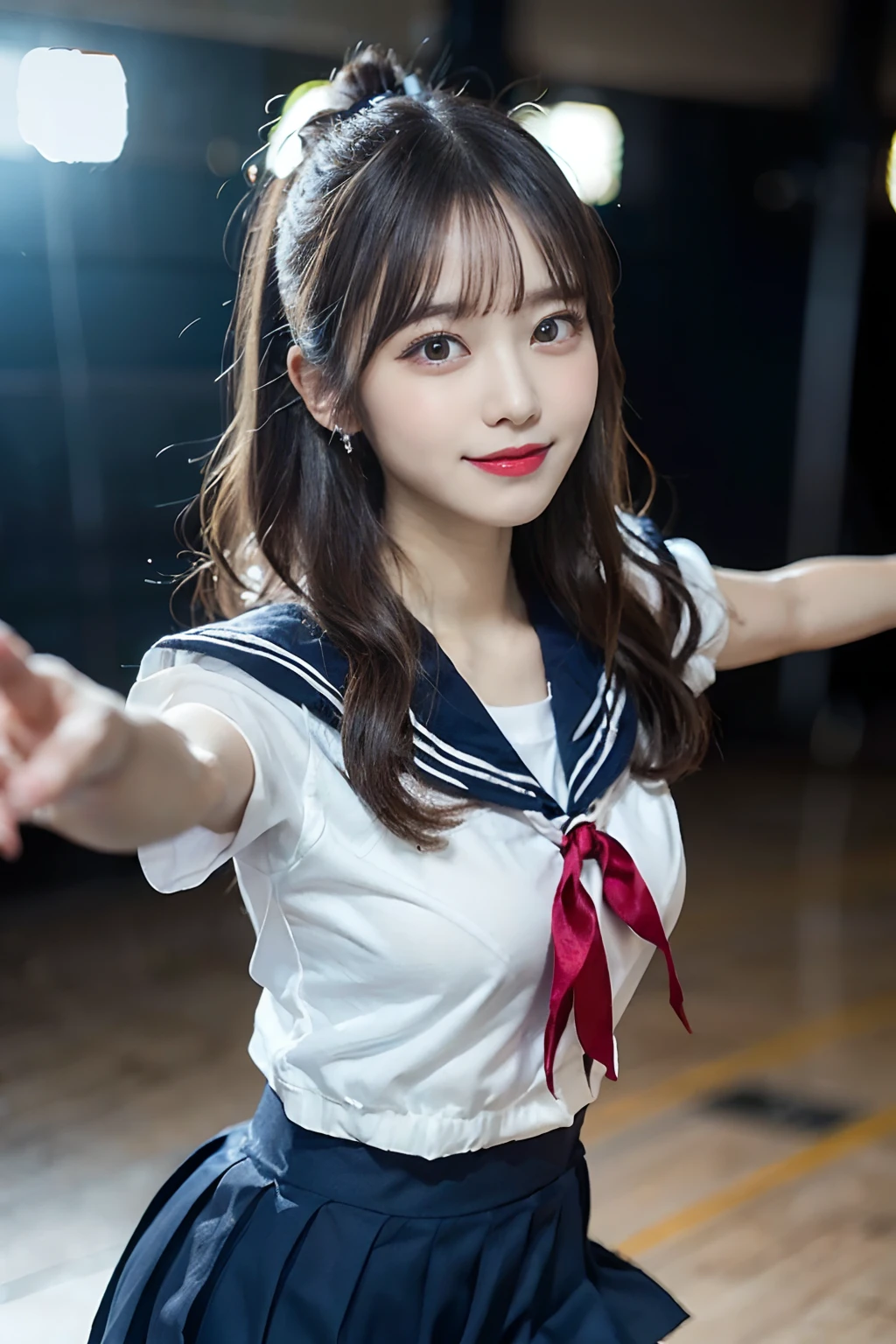 ((masterpiece, highest quality)),shape,Ultra detailed 8K,realistic,sharp focus,very detailed,professional lighting,colorful details,Euphoric look、((smile))、((sweating))、((Translucent sailor suit:1.3))、Pink and red、ribbon、sailor hat、super cute woman、Part of an idol group、(((Dancing at concerts)))、Hair is moving、looking at camera、Spotlight、18-year-old,shine,intricate details,Shitsumeka,1 A girl is in front of the audience..,(((face photo:1.5)))、