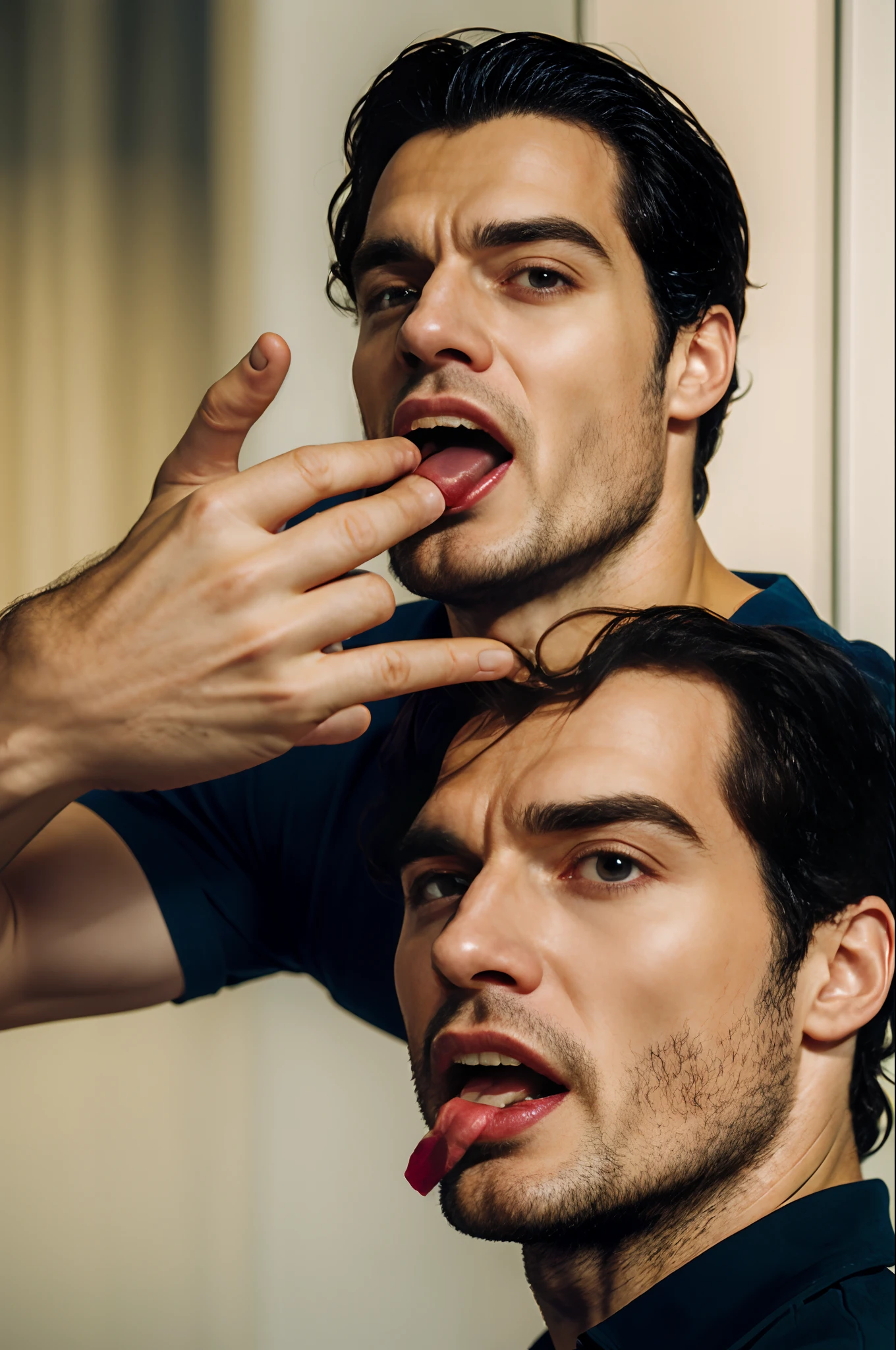 Henry Cavill rubbing his sensually while sticking out his tongue covered in