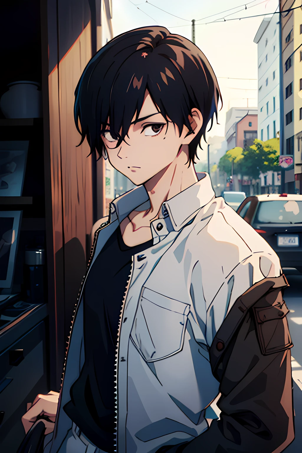 masterpiece, best quality, high quality, 1boy, solo, male focus, looking at viewer, upper body, black hair, black eyes, short hair, dark blue tshirt, light brown pants, jacket