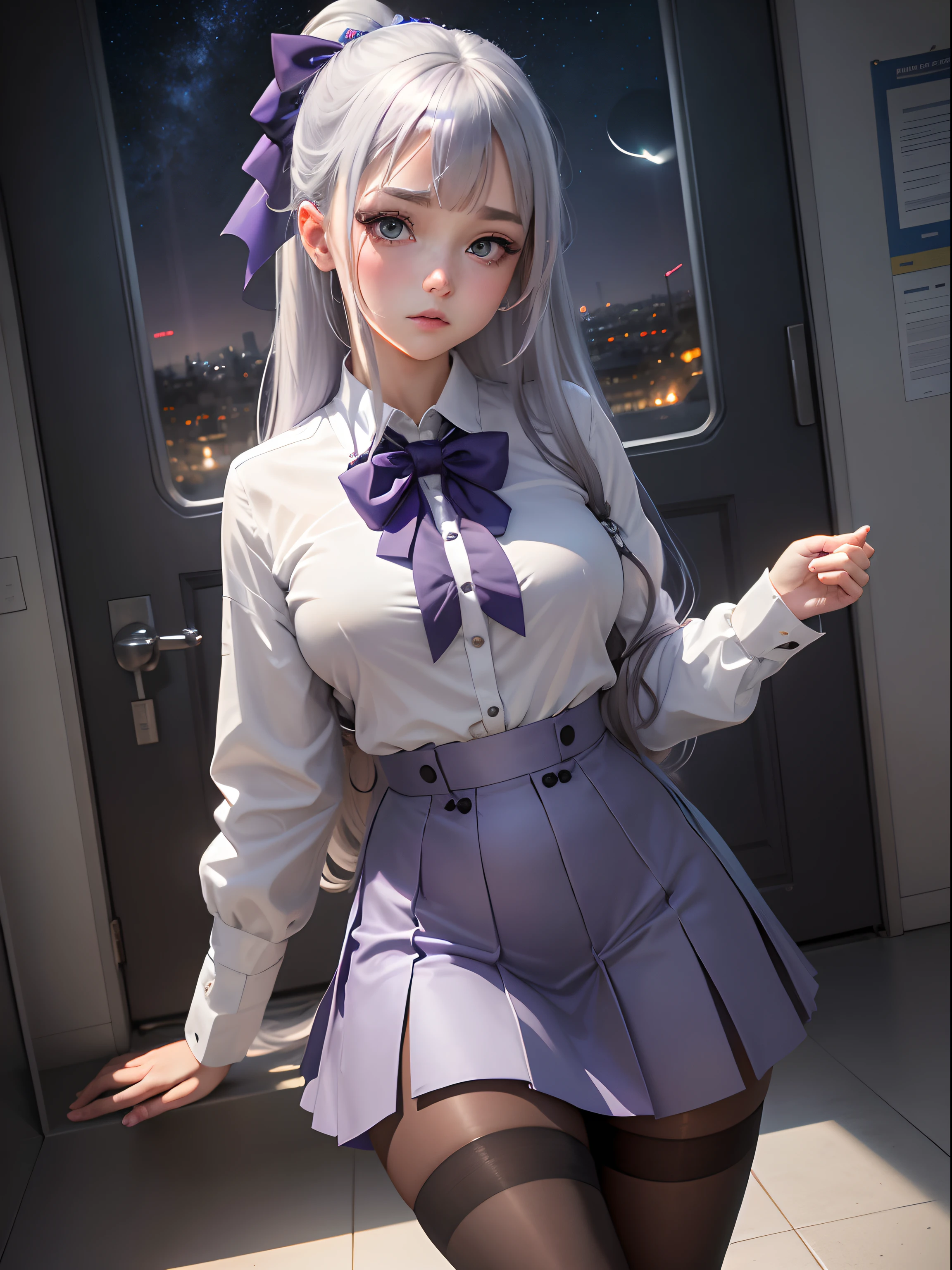 Best Quality, masutepiece,, Illustration, Wallpaper,1girl in, Solo, School uniform, White shirt, Black skirt, Bright purple-silver hair, Semi-long hair, Beautiful detailed girl, extremely detailed eye and face, Beautiful detailed eyes, Shy, natural_Lighting, Glow,NSFW, Clean sky, Looking at Viewer, Outdoors, nigh sky, Star (skyporn), lowfers, Black pantyhose, blue bowtie, Straight hair, Purple petals, Purple and blue flowers, Red pupil, Ponytail, Blue Ribbon,White hair, Thick_thighs thighs thighs thighs, Large breasts,knee sox,Open your crotch,a miniskirt,In her cleanroom