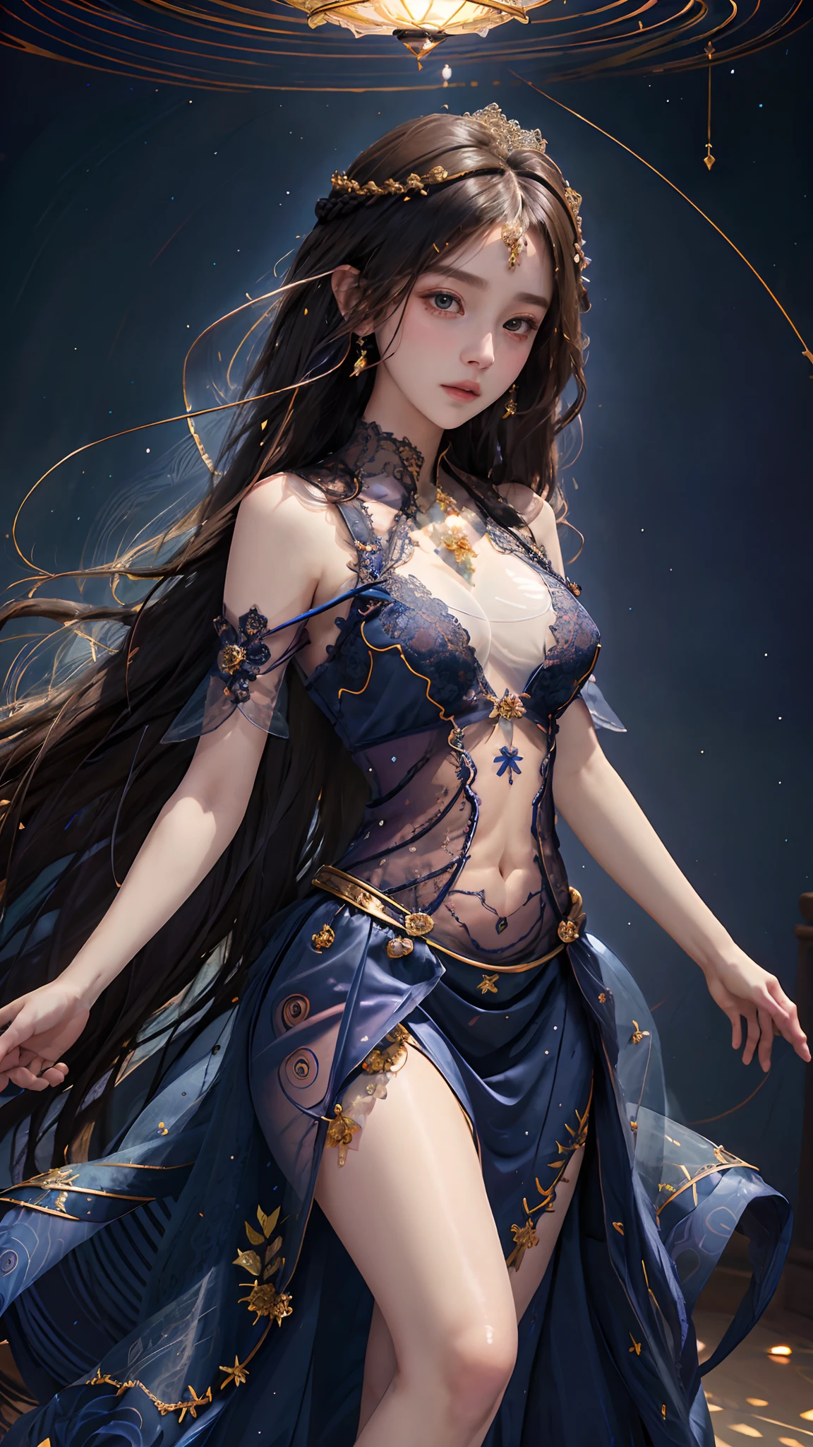 official art, unity 8k wallpaper, ultra detailed, beautiful and aesthetic, High quality, beautiful, masterpiece, best quality, 1 queen, small bust, (round bust:1.5) , (Long hair:1.5) , (zentangle, mandala, tangle, entangle:0.6) , (transparent dress:1.2) , (dark blue Lace transparent:1.2) , (bare waist:1) , (covered breasts:1.2) , dancing poses,