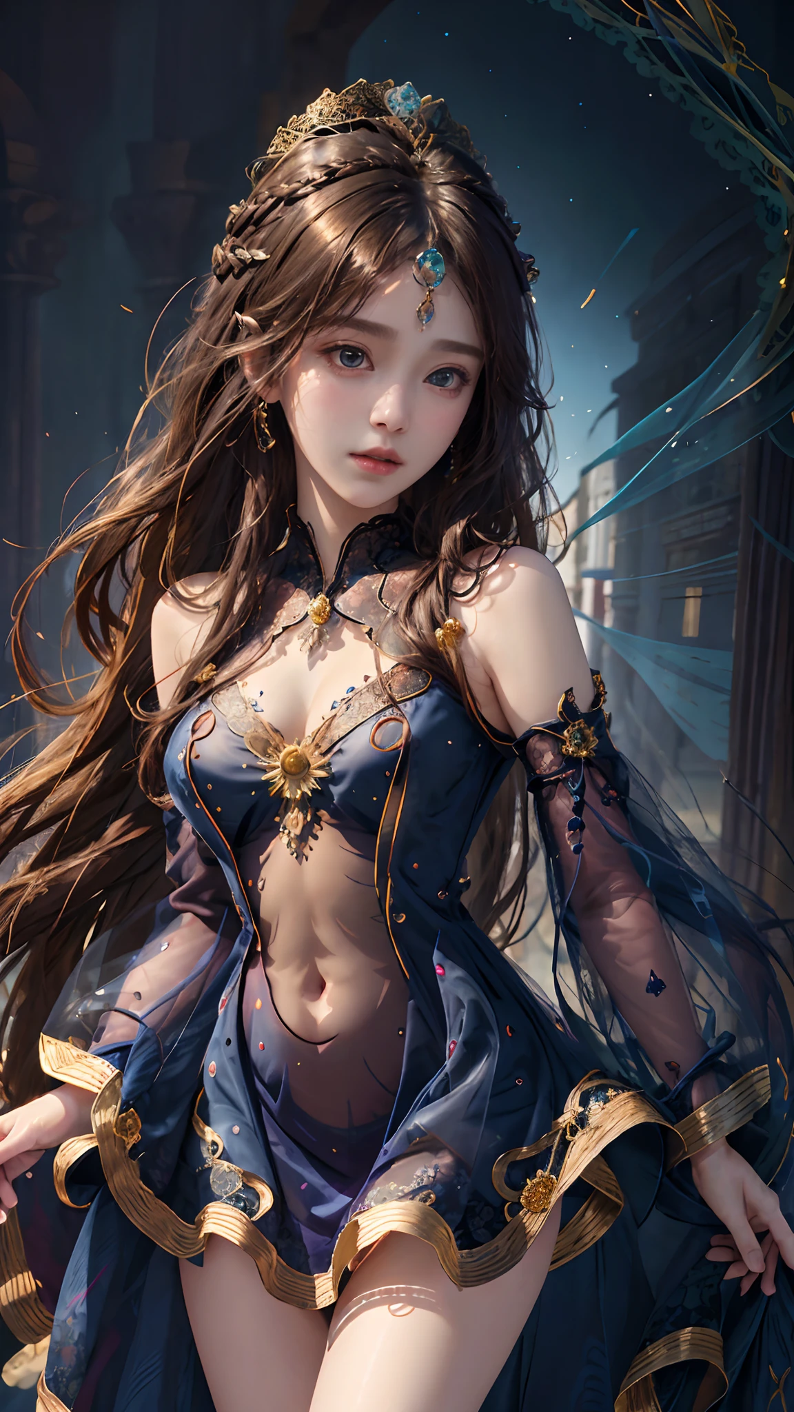 official art, unity 8k wallpaper, ultra detailed, beautiful and aesthetic, High quality, beautiful, masterpiece, best quality, 1 queen, small bust, (round bust:1.5) , (Long hair:1.5) , (zentangle, mandala, tangle, entangle:0.6) , (transparent dress:1.2) , (dark blue Lace transparent:1.2) , (bare waist:1) , (covered breasts:1.2) , dancing poses,