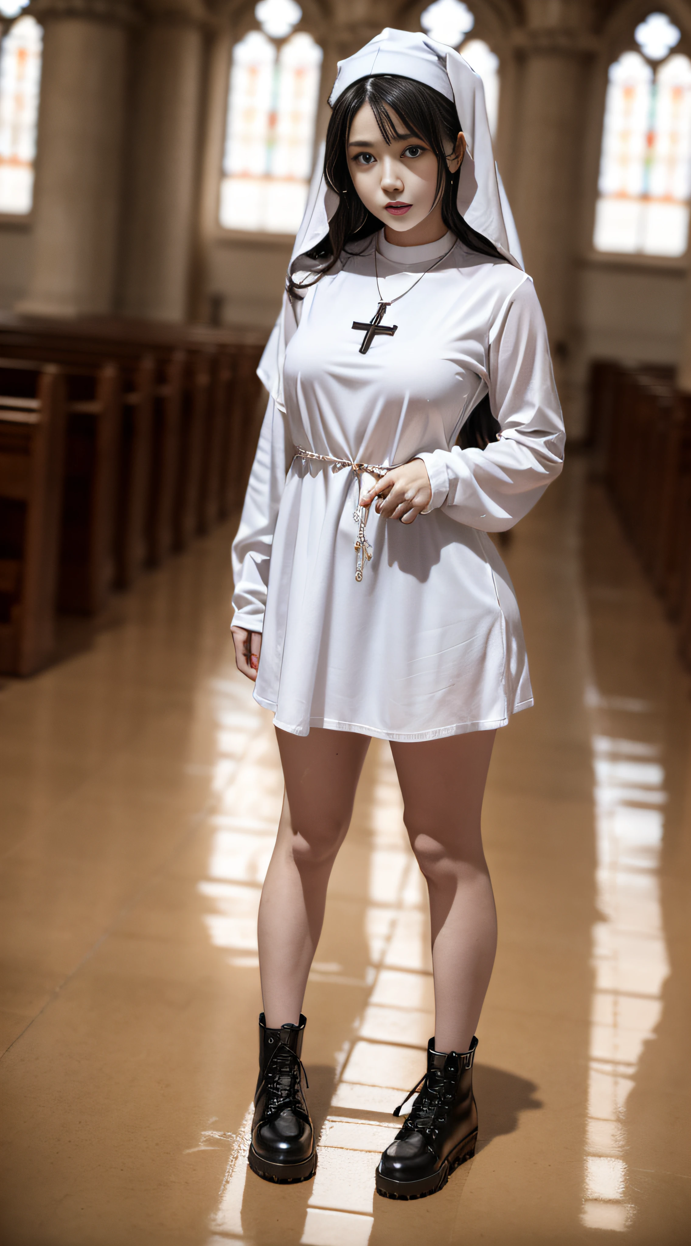 Clothes and skin are soaked all over，（wetclothes：1.9）（（（（Nuns in churches wearing cross necklaces wear nun short gowns and nun hats，High-top black leather shoes））），（（Clothing that exposes））Clothes and skin are soaked all over，Glowing skin，Sweaty skin，Works of masters，Best image quality，Higher quality，high detal，超高分辨率，8K分辨率，perfect hand，full body shot shot，Exquisite facial features，s the perfect face，（真实感：1.4），fully body photo，The Tyndall effect beam hits people，