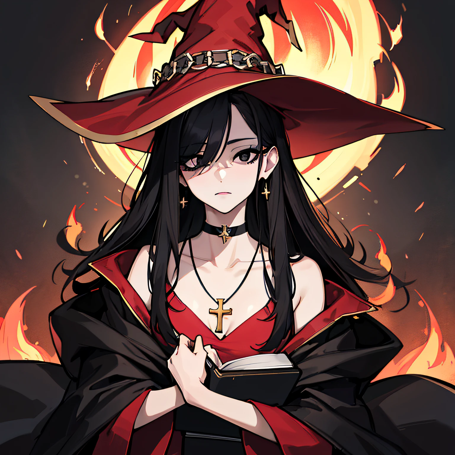 A woman wearing a long black witch dress with gold details, a black witch hat, long black hair, red eyes, with flames in her hands, smiling, large breasts.

