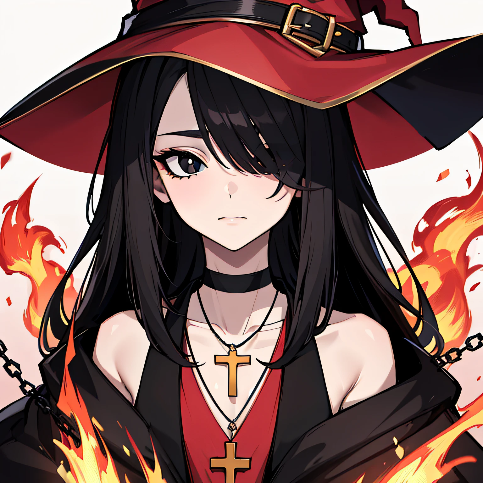 (absurdres, 8k, 4k, masterpiece, hyper extreme detailed:1.2), solo, 1girl, front view, perfect face, 1girl, portrait, expressive eyes, looking at viewer, solo, black eyes, dot pupils, standing, mature female, flat chest, pale, long black hair, small frown, witch, long robe, cultist, cross necklace, book, large witch hat, chain, choker, exposed shoulders, adult, black cloak, red shirt, fire, hair covering left eye, long black hair, looking forward, front view, black eyes