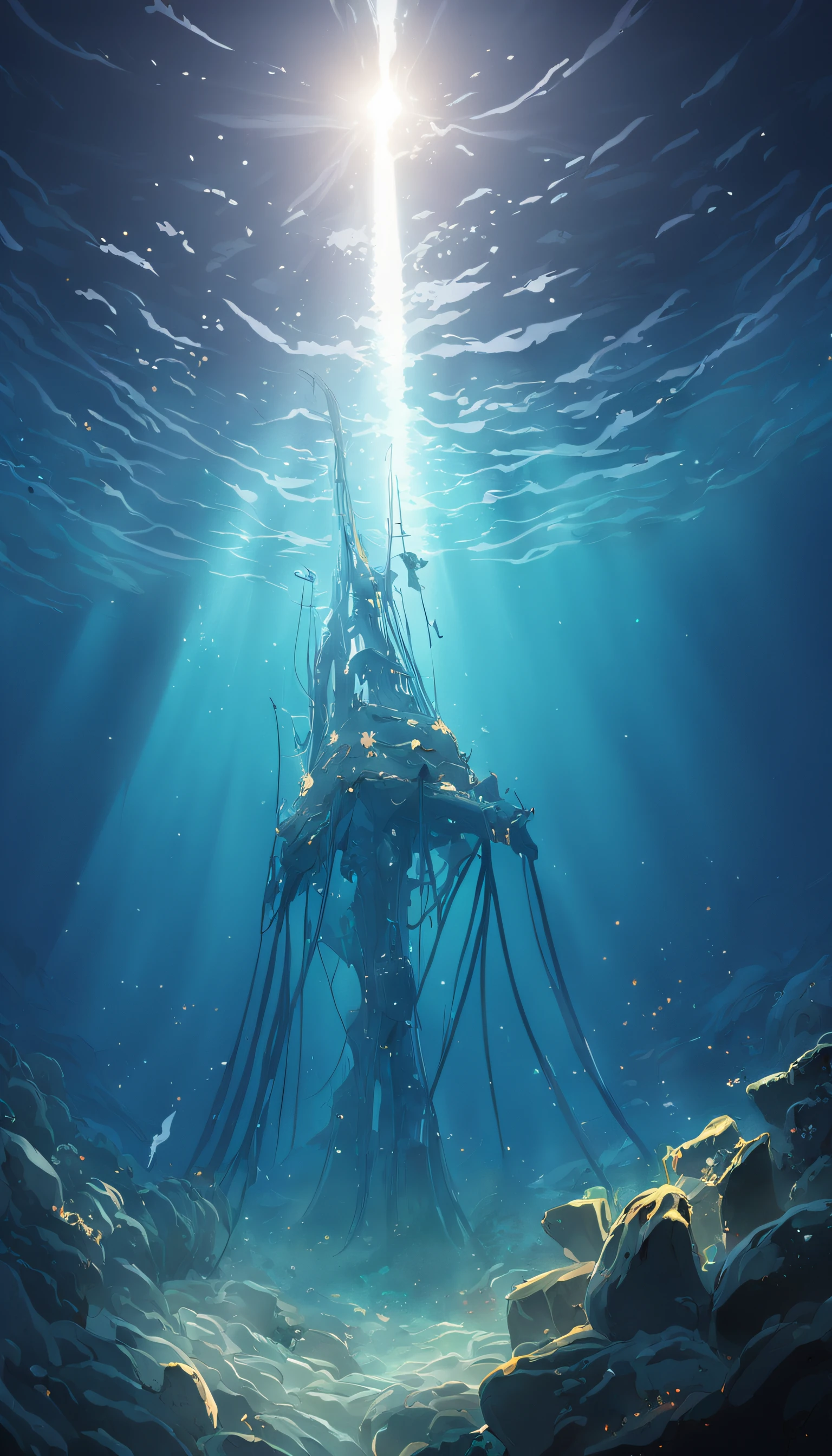 ((a CHROME ANCHOR stuck at the bottom of a DEEP Ocean floor)) shafts of sunlight filtering through the ocean's surface, illuminating the hidden world beneath, create a captivating underwater scene. vertical panorama, Ultra Wide View. UHD, masterpiece, award winning photo