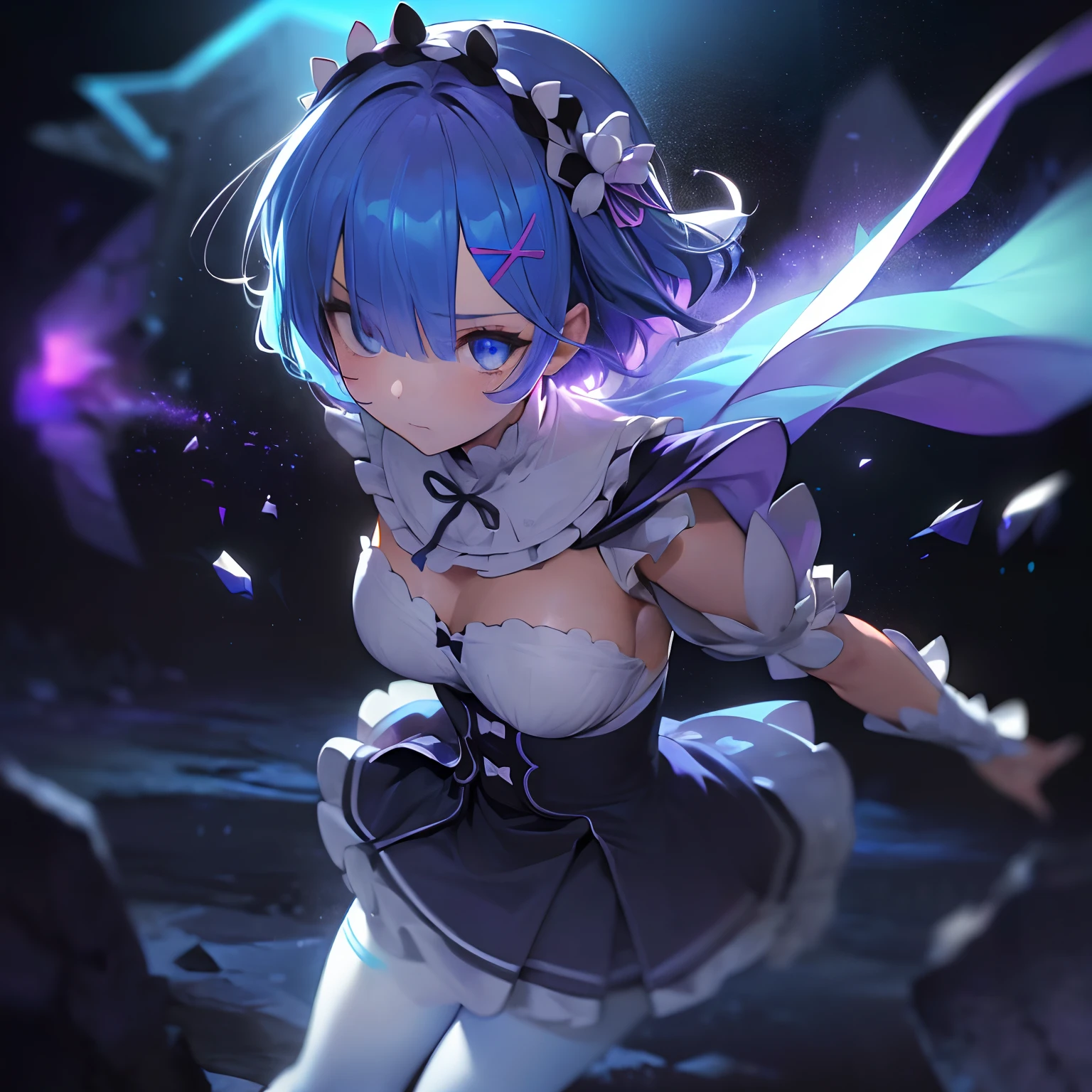 ((best quality)), ((masterpiece)), illustration, (detailed), isometric, (hexagon:1.2), (sharp:1.1), 1girl,  rem, rem (re:zero), cute, captivating pose, (light blue hair:1.1), short hair, (hair over one eye:1.1), blue eyes, medium breasts, roswaal mansion maid uniform, (white pantyhose:1.1), x hair ornament, purple hair ribbon, legs apart, cowboy shot, (looking at viewer:1.2), arms at sides, close-up, blood, fight, fighting, night, purple aura, purple glow, death, destruction, epic, cinematic, dramatic, reflective, shining, falling snow, floating ice crystals, flying ice shards, magic, spell, particle effects, Tindal effect, (Balance and coordination between all things), fantasy, unreal, dream, (high-resolution:1.2)