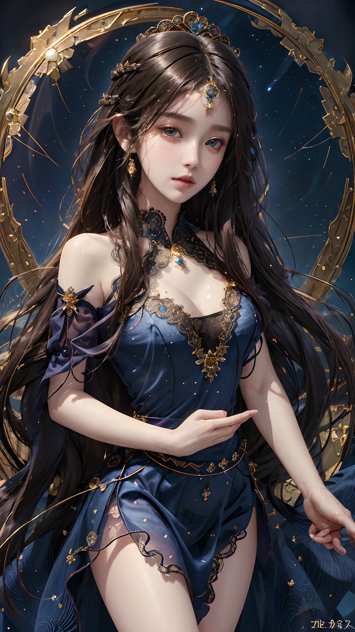 official art, unity 8k wallpaper, ultra detailed, beautiful and aesthetic, High quality, beautiful, masterpiece, best quality, 1 queen, small bust, (round bust:1.5) , (Long hair:1.5) , (zentangle, mandala, tangle, entangle:0.6) , (transparent dress:1.2) , (dark blue Lace transparent:1.2) , (bare waist:1) , (covered breasts:1.2) , dancing poses,