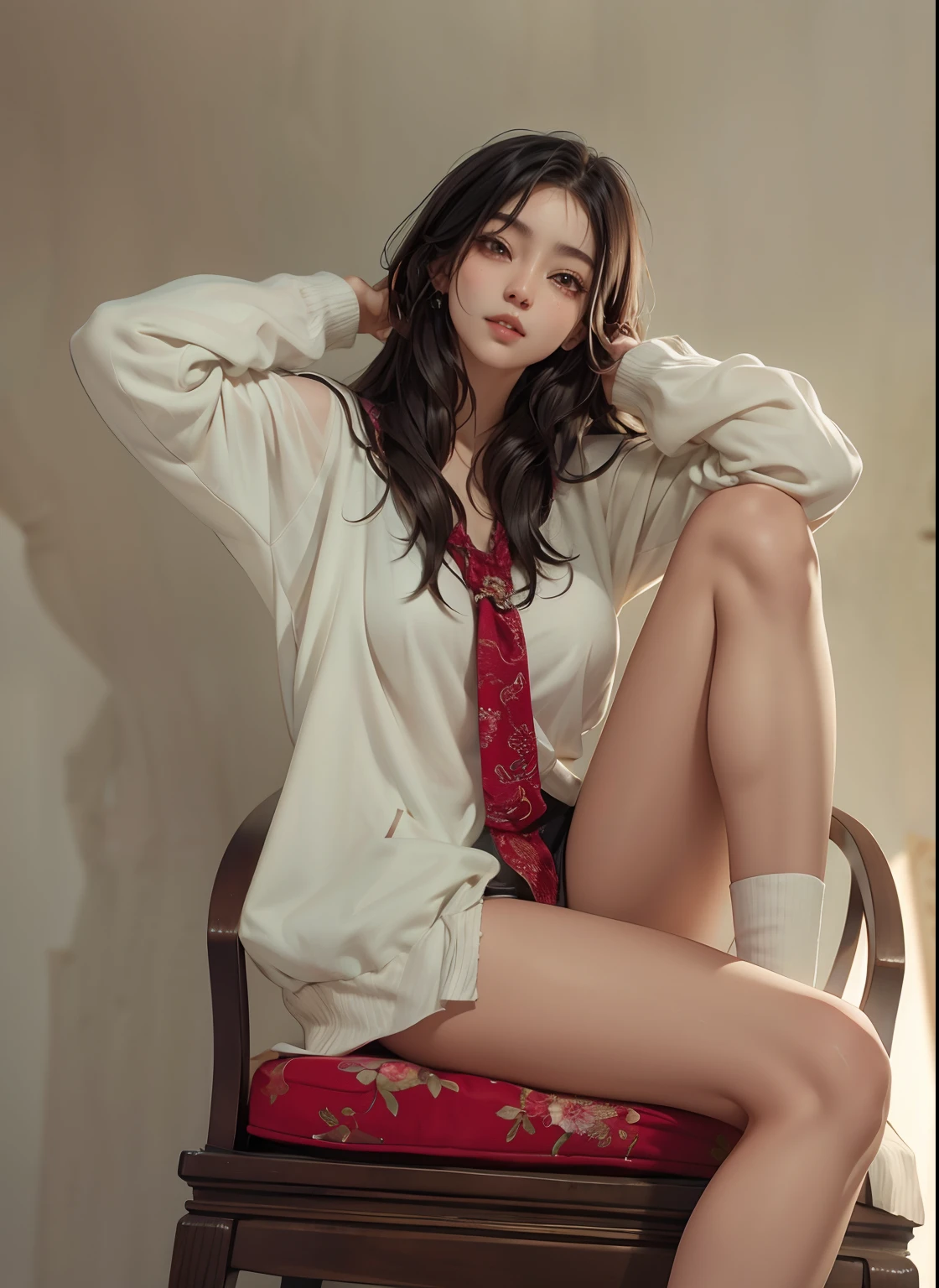 Mujer sentada en una silla con las piernas cruzadas, Chica coreana, pose casual, Modelo IG | Artgerm, Sakimichan, Obras de arte al estilo de Guweiz, Chica china, Tendencias en CGVatstation, Guweiz, realista. Cheng Yi, Pose atractiva, Cara bonita con brazos y piernas, Asian girl, beautiful asian girl