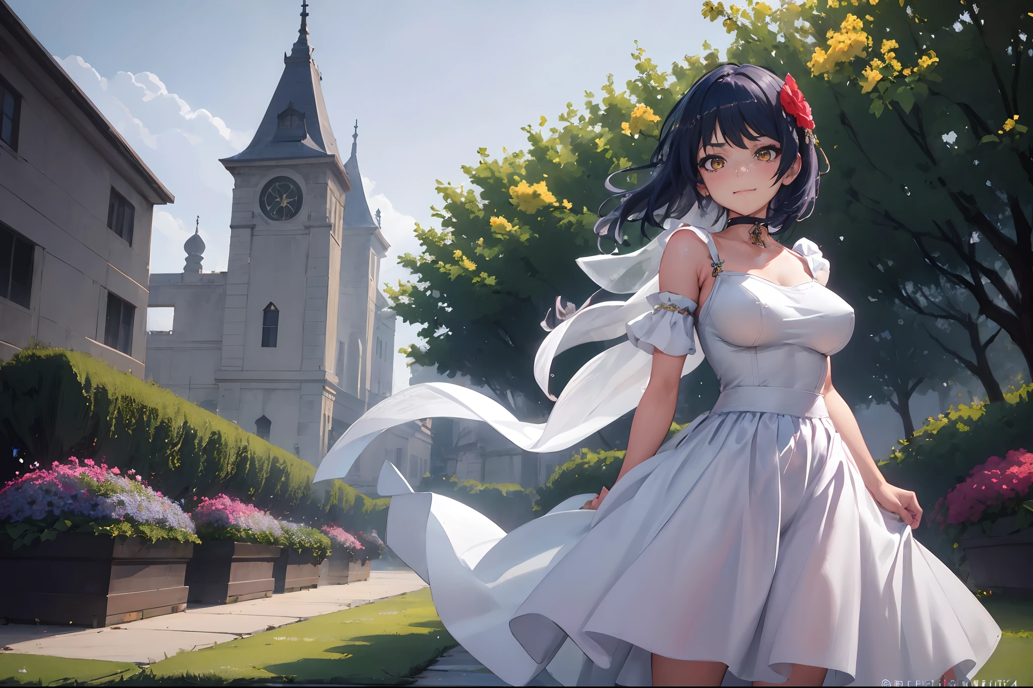 Kujou Sara| genshin impact, master-piece, bestquality, 1girls,25 years old, proportional body, proportional., Wedding Dresses, White Wedding Dress, Long skirt, Big skirt, mediuml breasts, ,bara, choker, Standing in the middle of a flower garden, outdoor, The sky is beautiful, arm behind back, View viewers from the front., Thigh strap, Head tilt, bored, HD, slight smile,