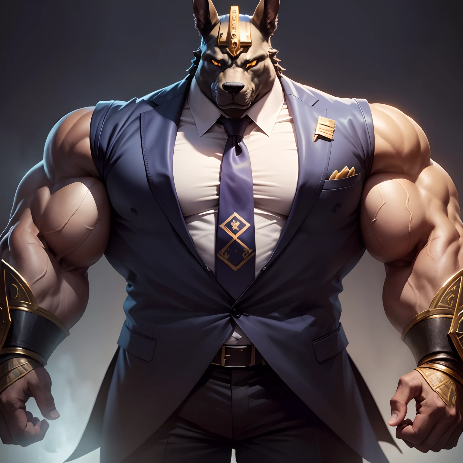 Anubis the egyptian god muscled with huge torso , huge arms ,huge pecs , huge lesgs , in suit with a tie like bodyguard outfit , full body