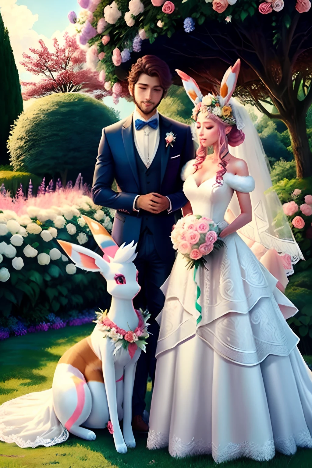 Generate an image of an anthropomorphic Sylveon with soft, fluffy fur, wearing an elegant and intricate wedding dress, standing in a beautiful garden with colorful flowers and a serene backdrop