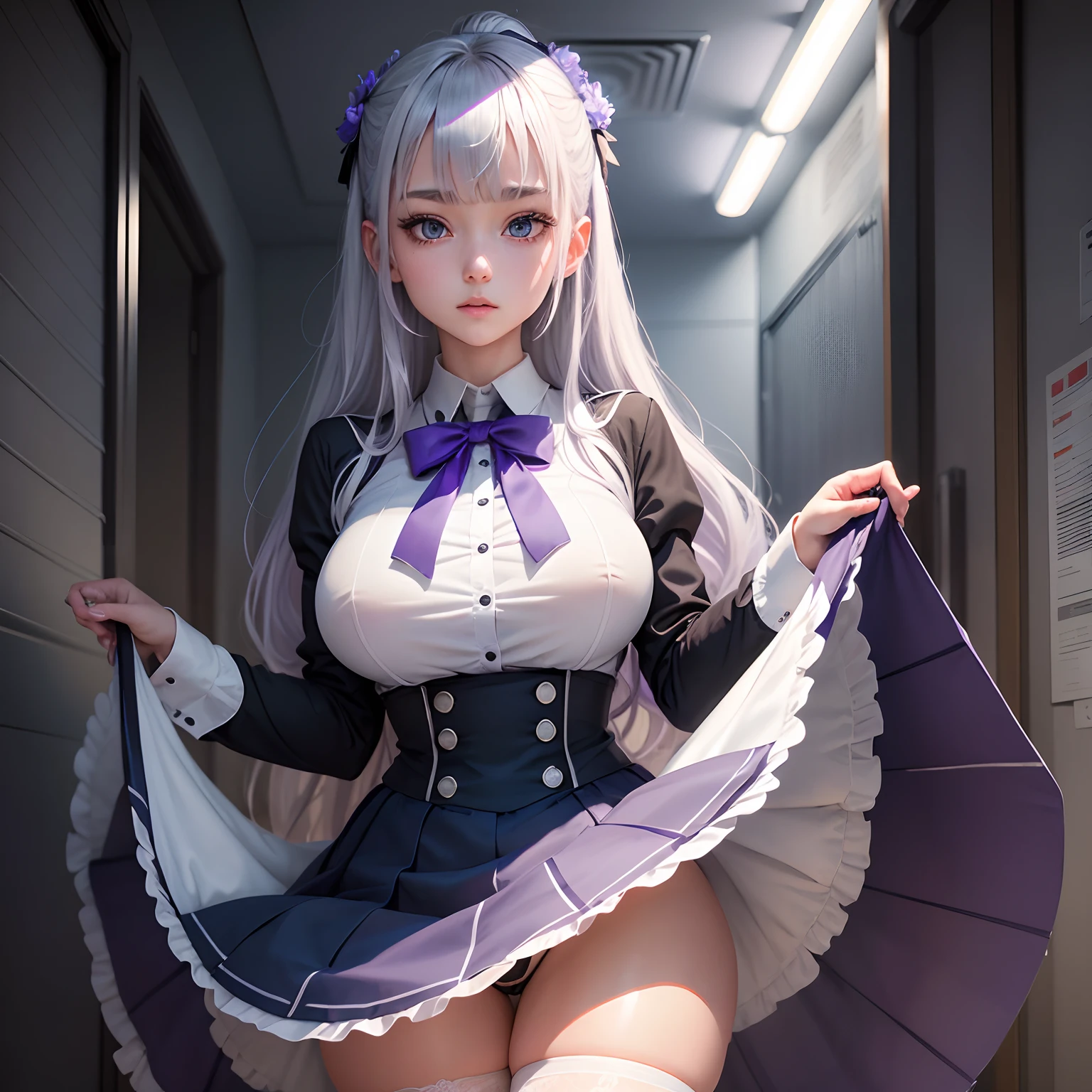 Best Quality, masutepiece,, Illustration, Wallpaper,1girl in, Solo, School uniform, White shirt, Black skirt, Bright purple-silver hair, Semi-long hair, Beautiful detailed girl, extremely detailed eye and face, Beautiful detailed eyes, Shy, natural_Lighting, Glow,NSFW, Clean sky, Looking at Viewer, Outdoors, nigh sky, Star (skyporn), lowfers, Black pantyhose, blue bowtie, Straight hair, Purple petals, Purple and blue flowers, Red pupil, Ponytail, Blue Ribbon,White hair, Thick_thighs thighs thighs thighs, Large breasts,knee sox,Open your crotch,white panty,In her cleanroom,