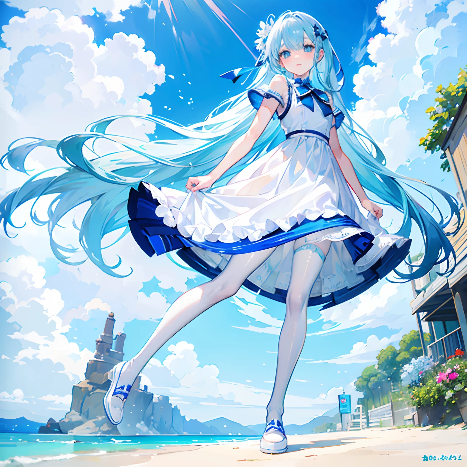 Cold girl White pupils Aqua blue hair Long hair Cold expression,adolable,teens girl,White gorgeous beautiful dress,White silk pantyhose,Wearing white leather shoes on his feet,fully body photo,All body,Fingers and arms are not exposed,Background sandy beach,with blue sky and white clouds,Flowers and bushes,Happy expression
