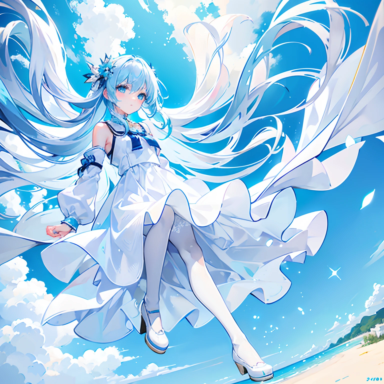 Cold girl White pupils Aqua blue hair Long hair Cold expression，adolable，teens girl，White gorgeous beautiful dress，White silk pantyhose，Wearing white leather shoes on his feet，fully body photo，All body，Fingers and arms are not exposed，Background sandy beach，with blue sky and white clouds，Flowers and bushes，Happy expression