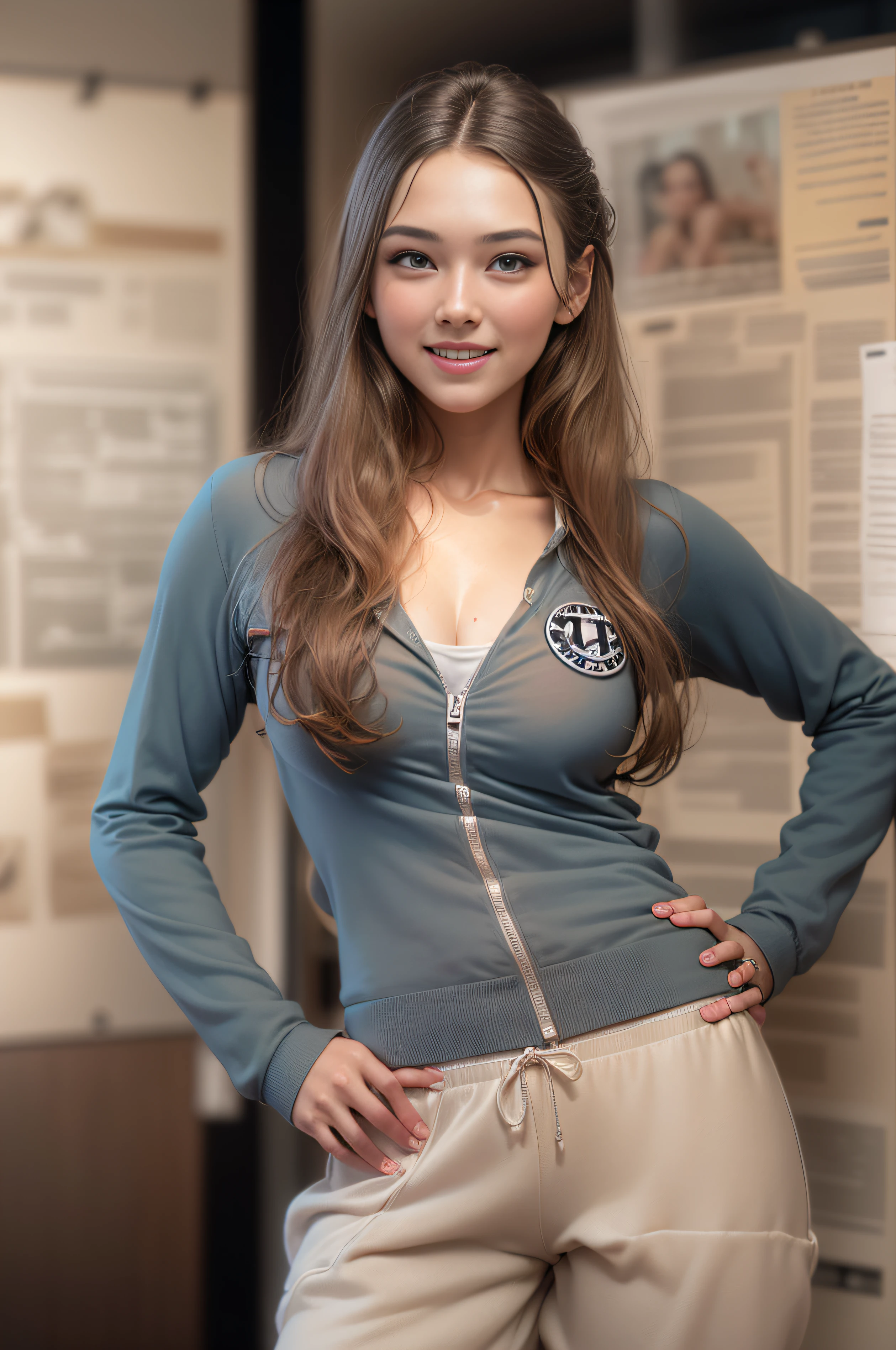 Adolf young)) Ethereal beauty, exotic and seductive smile with small teeth showing, long hair, attractive look for the camera, fit body, huge breastvid Hamilton style), detailed picture ((full body)), wearing sports clothes, long-sleeved shirt, Tiffany color, with long sweatpants, In front of her on the bulletin board, light and soft, masterpiece, best quality, realistic, 8k, hd, realistic detailed skin, 8k uhd, DSLR, soft light, High quality, film grain, Fujifilm XT3