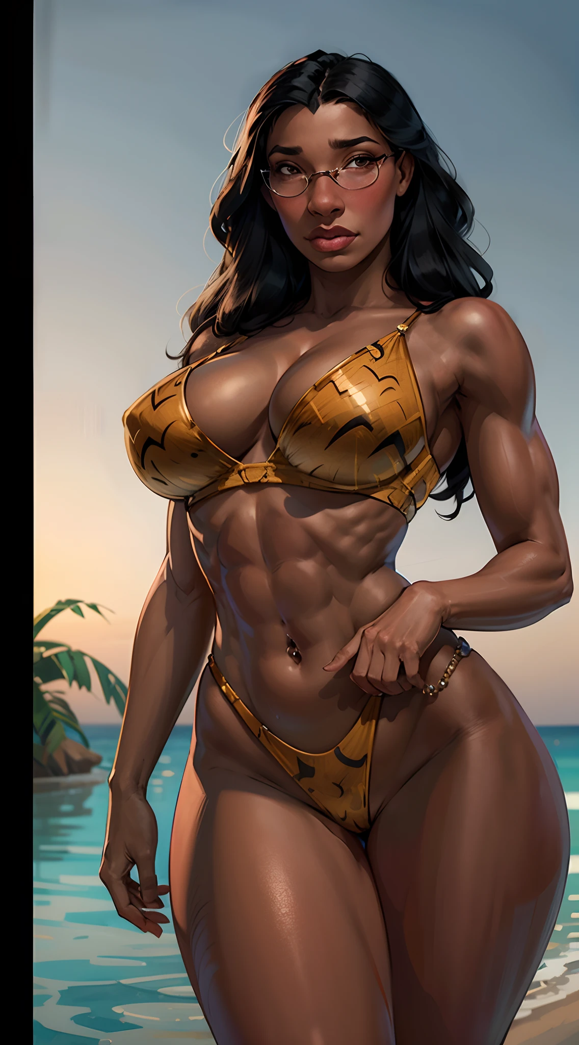 , , , from below,, , UHD, super detail, high quality, award winning, best quality, 1girl voluptuos ((muscular body:1.3)), )animal_print bikini) (black curly_hair) blush (big_saggy_breasts) big_cleavage (dark-skinned_female:1.2) dark_skin, curvy_atlethic, hourglass body, shaped_thigs, huge legs, shaped hips, slim waist, very sexy, very gorgeous, beautiful:1.3, slluty look, realistic skin, Goosebumps effect, realistic skin effect, realistic:1.3 , beautiful detailed, poster, sun_glasses large_breasts lip_piercing long_hair looking_at_viewer one_eye_closed parted_lips print_bikini simple_background solo thick_lips very_dark_skin very_long_hair white_background, inspired In pulp art, VFX effects, CGI by Artgerm by Rosstran artists