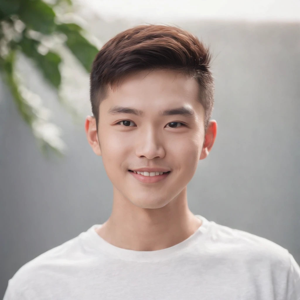 (Photo: 1.3) af (realistic: 1.3), East Asian man, buzz cut,soft light, clear face, front, ((white T-shirt)), cheerful, warm light, ((gray-white gradient background)), smile, (background)) ,avatar,(short hair),handsome,young,,short hair,((avatar))