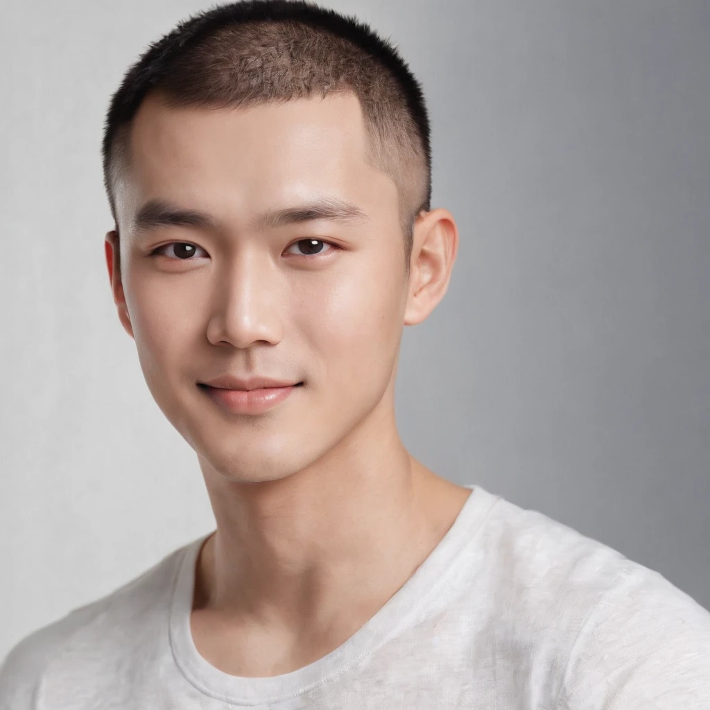 (Photo: 1.3) af (realistic: 1.3), East Asian man, buzz cut,soft light, clear face, front, ((white T-shirt)), cheerful, warm light, ((gray-white gradient background)), smile, (background)) ,avatar,(short hair),handsome,young,,short hair,((avatar))