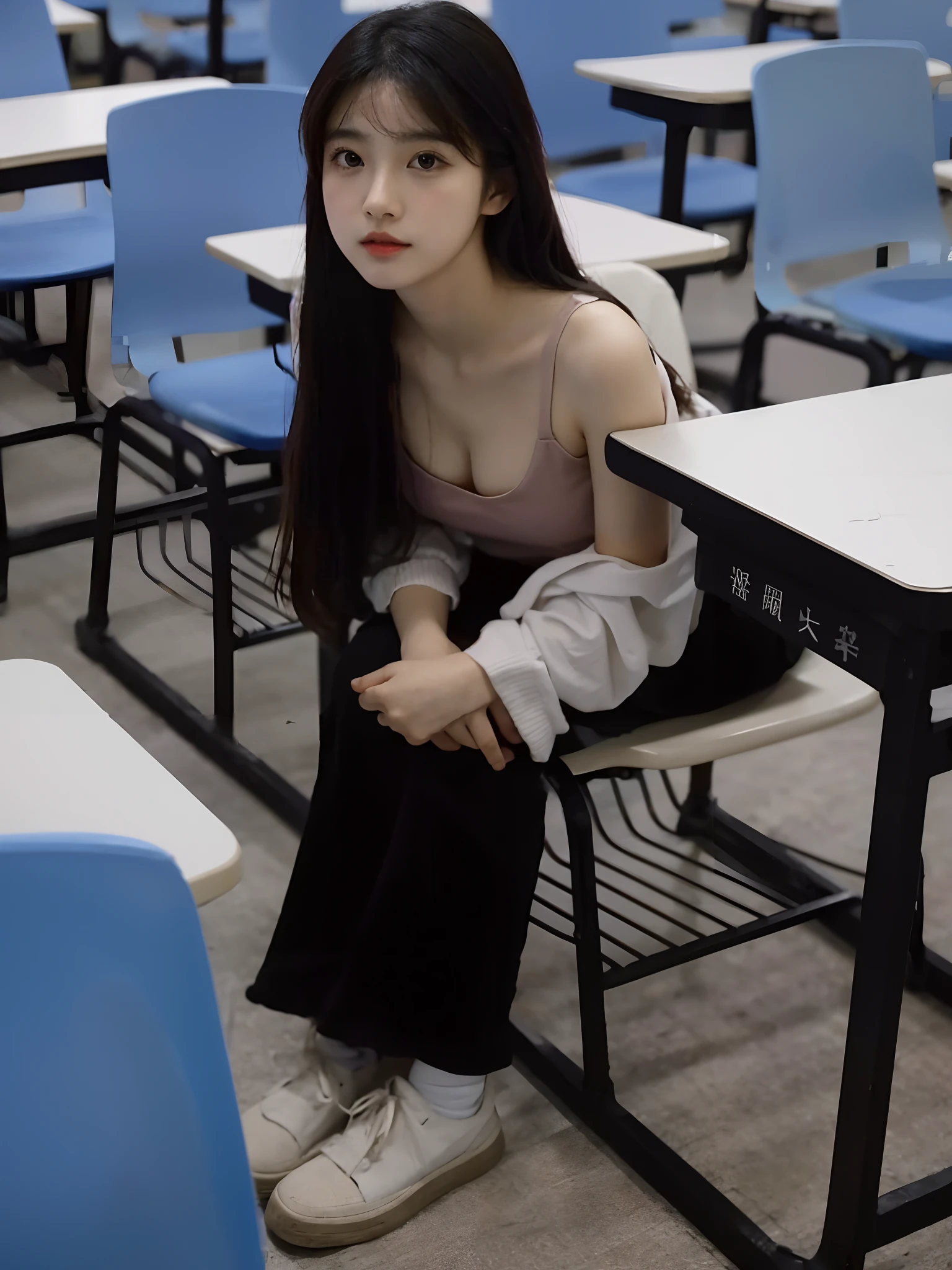 there is a woman sitting in a chair in a classroom, Student, Sitting in the classroom, Chinese girl, standing in class, Young Asian girl, In a classroom, xintong chen, sittinng on the desk, xision wu, wenfei ye, 🤤 girl portrait, Casual pose, full-body xianxia