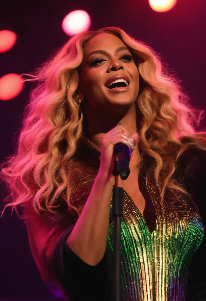 Beyonce on stage with neon lights and blonde long hair singing