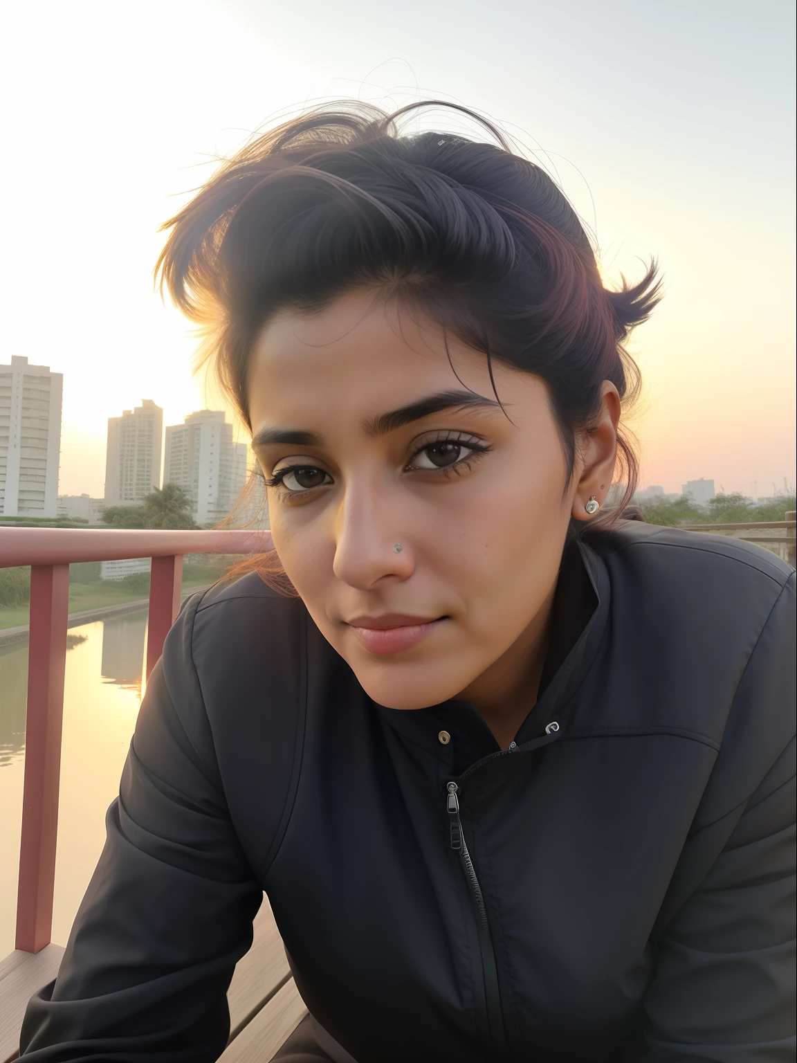 there is a woman sitting on a bench looking at the camera, during sunset, taken with sony alpha 9, with serious face expression, without helmet, faridah malik, 8k selfie photograph, profile image, by Jitish Kallat, at night time, during a sunset, at sunrise, looking intensely at the camera, in the early morning
