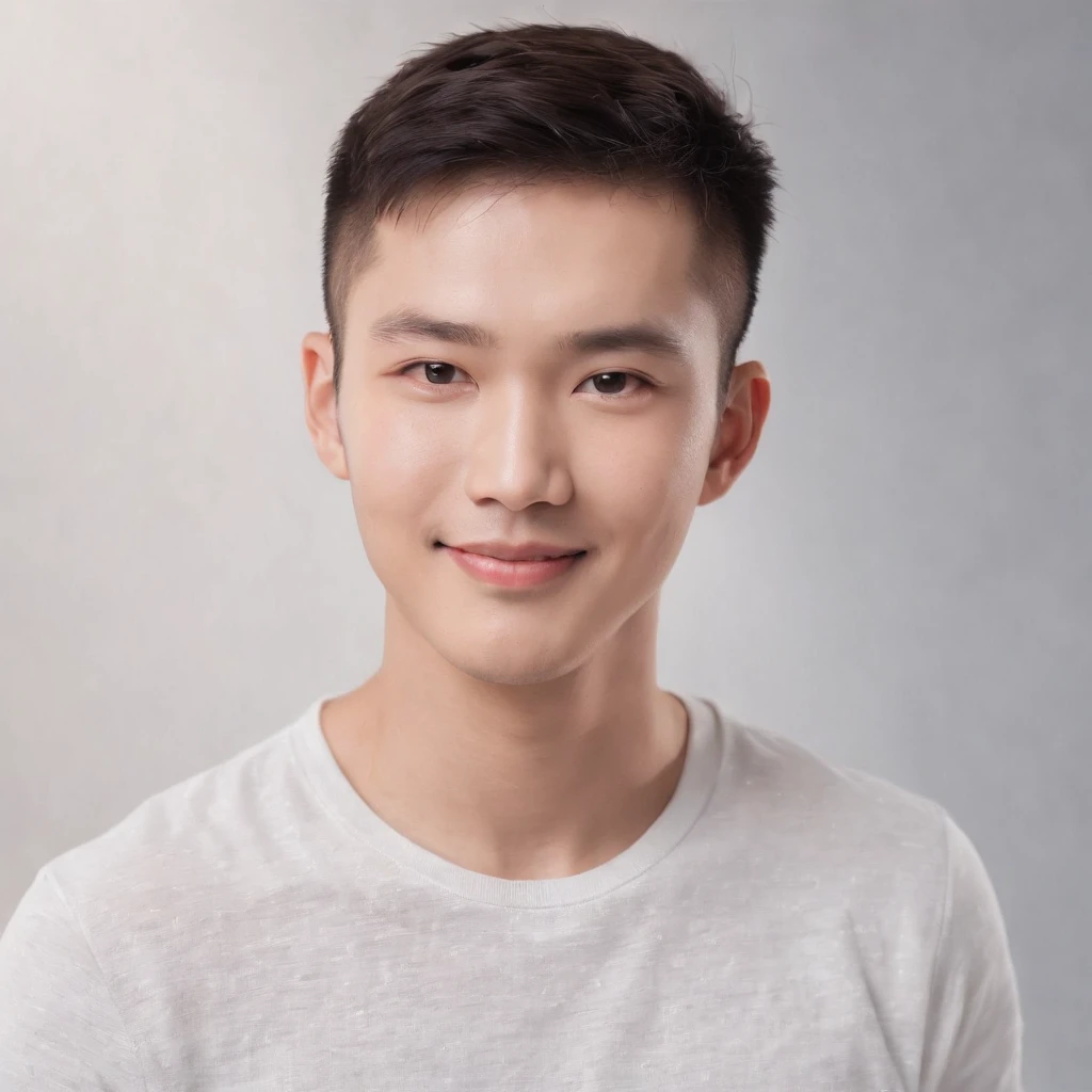 (Photo: 1.3) af (realistic: 1.3), East Asian man, buzz cut,soft light, clear face, front, ((white T-shirt)), cheerful, warm light, ((gray-white gradient background)), smile, (background)) ,avatar,(short hair),handsome,young,,short hair,((avatar))