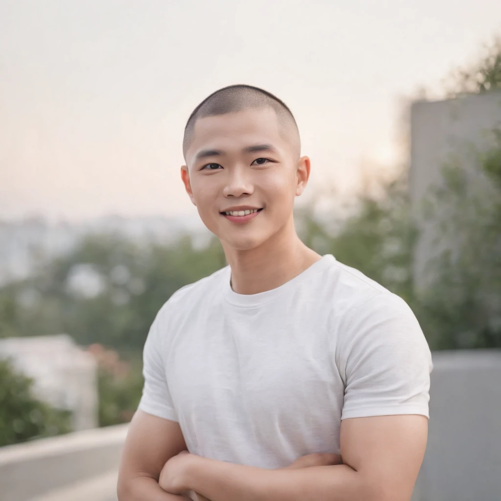 (Photo: 1.3) af (realistic: 1.3), East Asian man, buzz cut,soft light, clear face, front, ((white T-shirt)), cheerful, warm light, ((gray-white gradient background)), smile, (background)) ,avatar,(short hair),handsome,young,,short hair,((avatar))