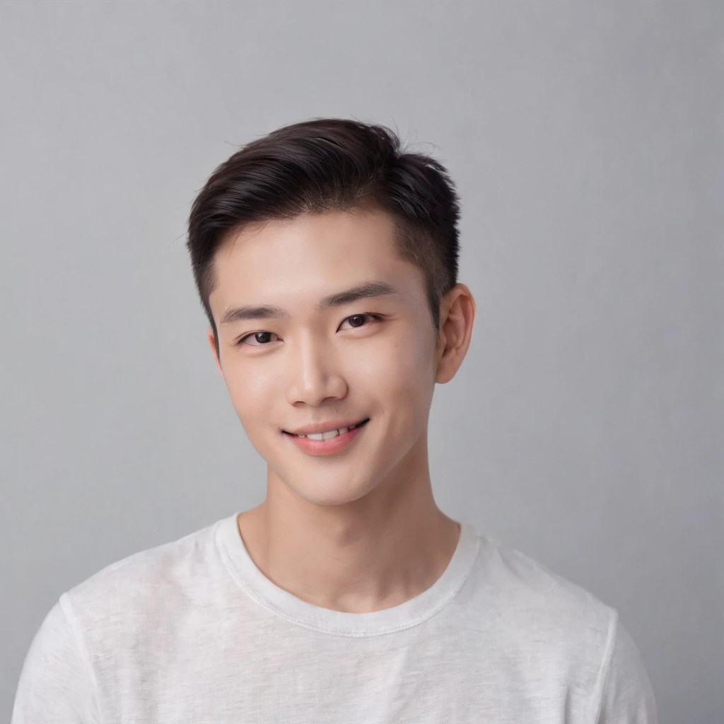 (Photo: 1.3) af (realistic: 1.3), East Asian man, buzz cut,soft light, clear face, front, ((white T-shirt)), cheerful, warm light, ((gray-white gradient background)), smile, (background)) ,avatar,(short hair),handsome,young,,short hair,((avatar))