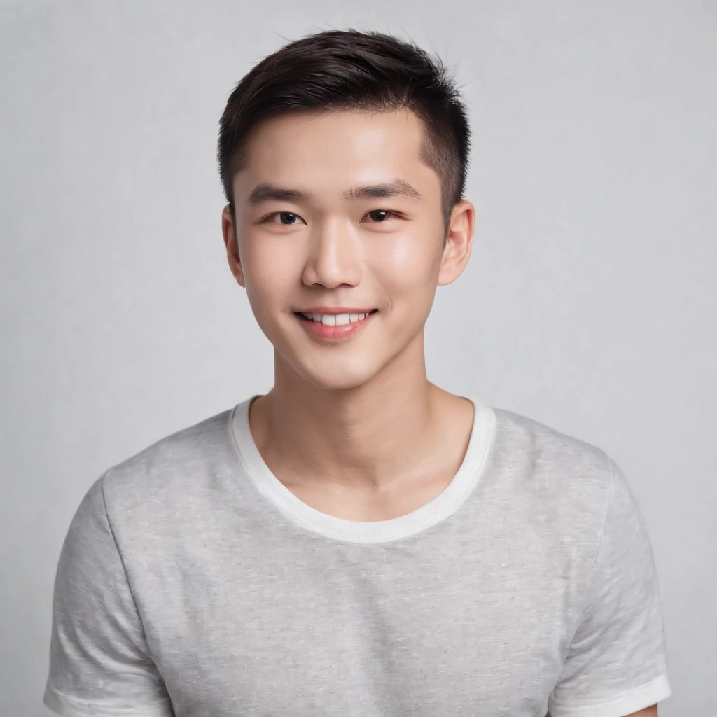 (Photo: 1.3) af (realistic: 1.3), East Asian man, buzz cut,soft light, clear face, front, ((white T-shirt)), cheerful, warm light, ((gray-white gradient background)), smile, (background)) ,avatar,(short hair),handsome,young,,short hair,((avatar))