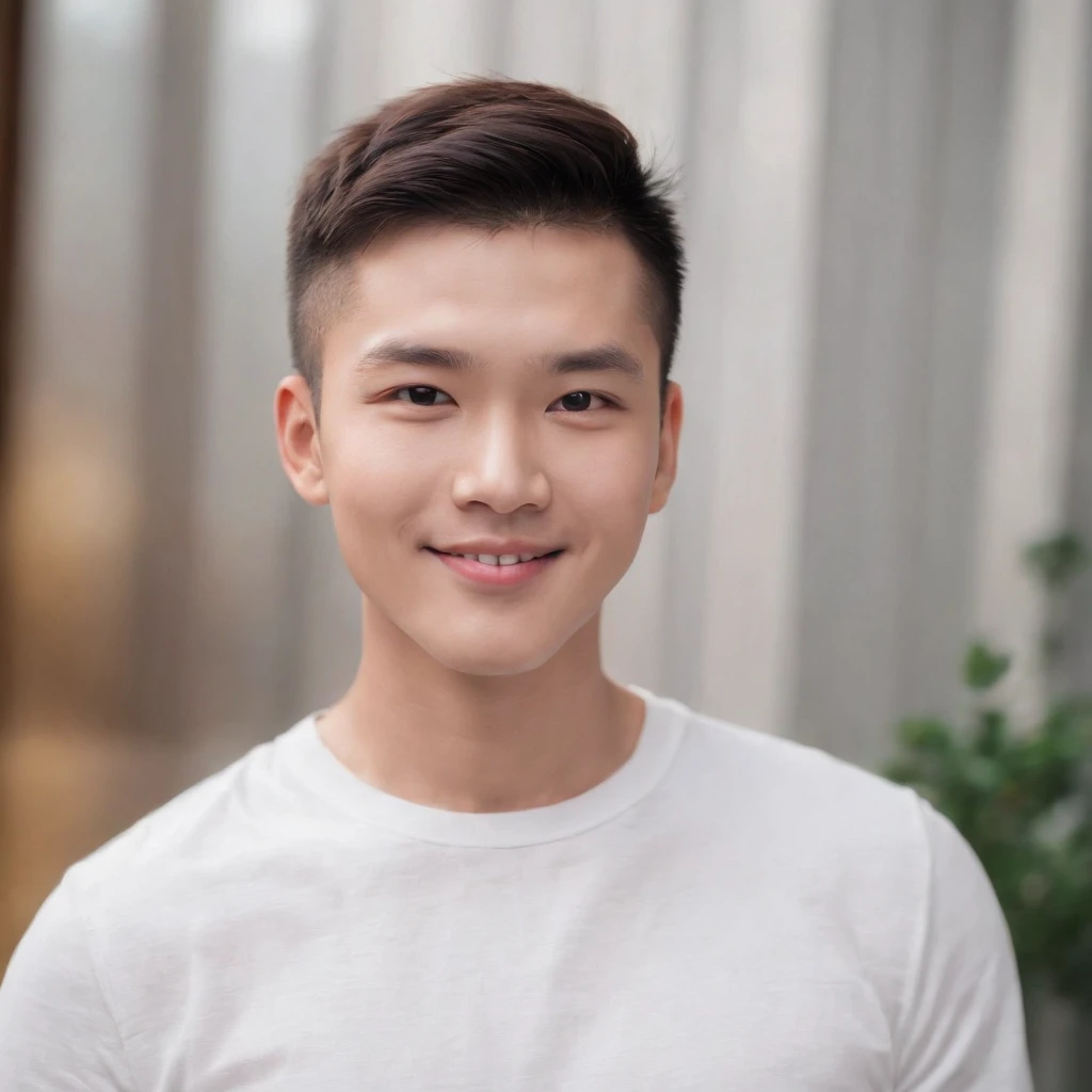 (Photo: 1.3) af (realistic: 1.3), East Asian man, buzz cut,soft light, clear face, front, ((white T-shirt)), cheerful, warm light, ((gray-white gradient background)), smile, (background)) ,avatar,(short hair),handsome,young,,short hair,((avatar))