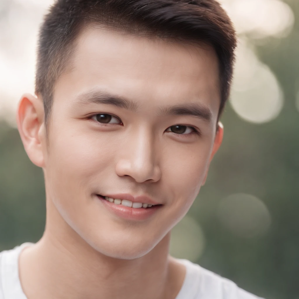 (Photo: 1.3) af (realistic: 1.3), East Asian man, buzz cut,soft light, clear face, front, ((white T-shirt)), cheerful, warm light, ((gray-white gradient background)), smile, (background)) ,avatar,(short hair),handsome,young,,short hair,((avatar))