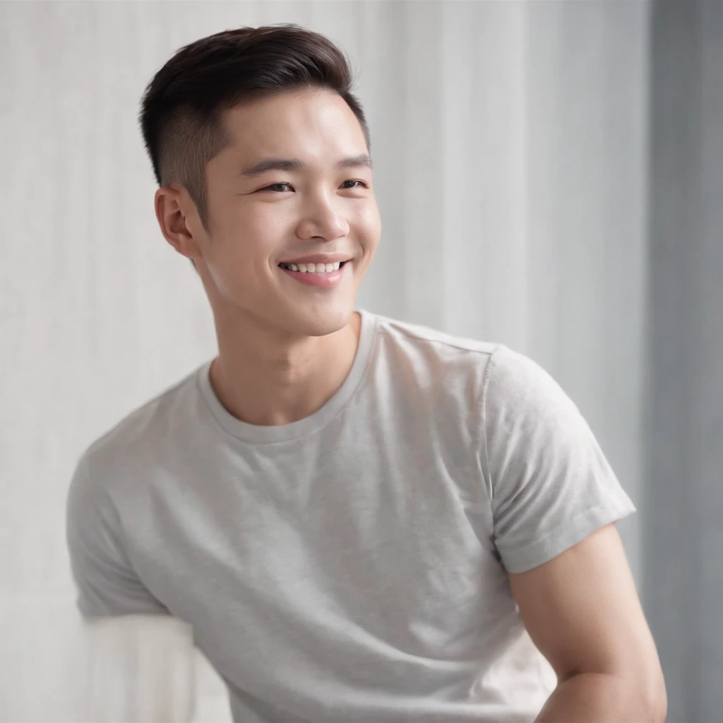 (Photo: 1.3) af (realistic: 1.3), East Asian man, buzz cut,soft light, clear face, front, ((white T-shirt)), cheerful, warm light, ((gray-white gradient background)), smile, (background)) ,avatar,(short hair),handsome,young,,short hair,((avatar))