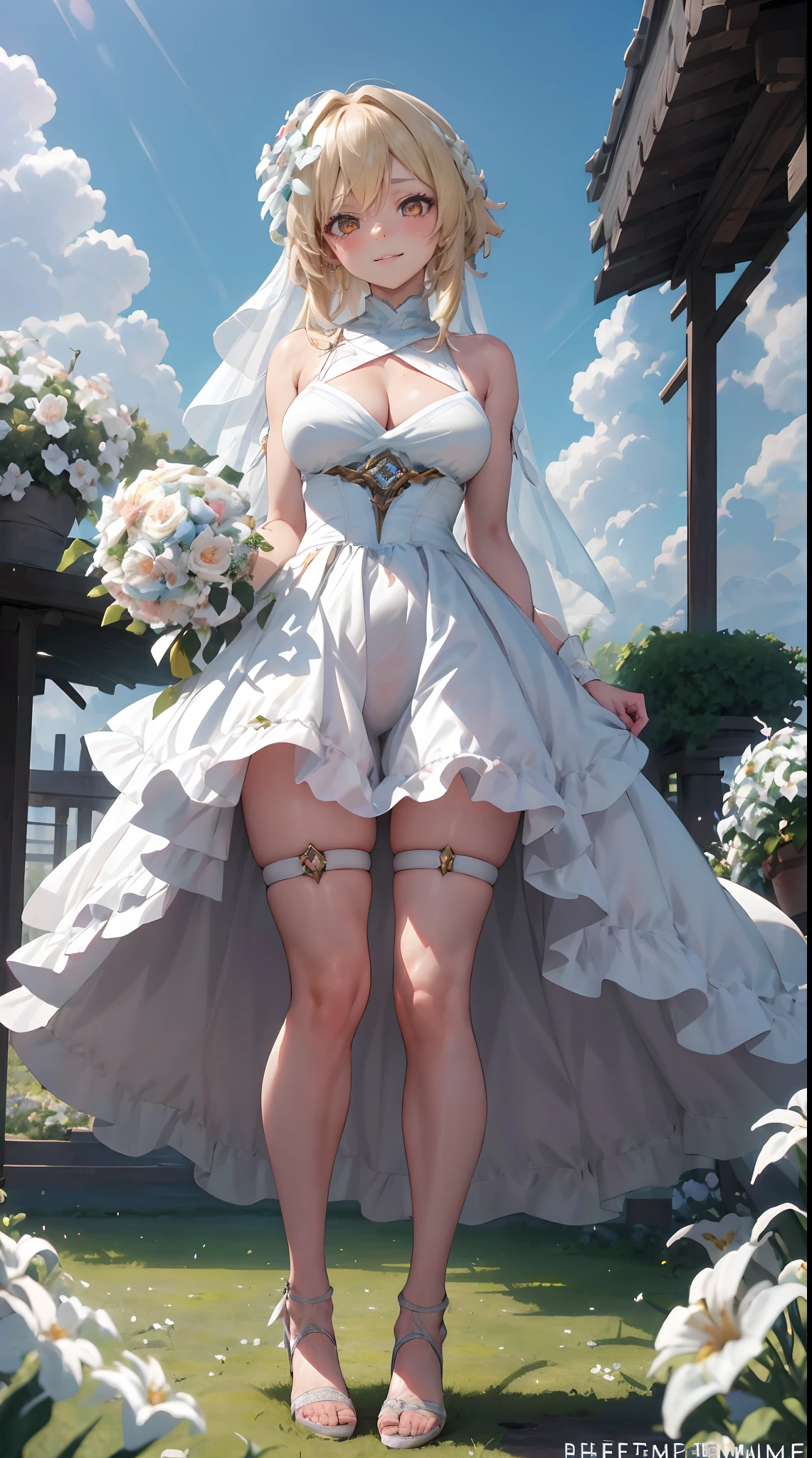Lumine | genshin impact, master-piece, bestquality, 1girls,25 years old, proportional body, proportional., Wedding Dresses, White Wedding Dress, Long skirt, wedding, mediuml breasts, ,bara, Standing in the middle of a flower garden, outdoor, wedding, The sky is beautiful, Both hands hold a bouquet of flowers......................................, View viewers from the front., Thigh strap, Head tilt, bored, 10, 10, HD, slight smile,