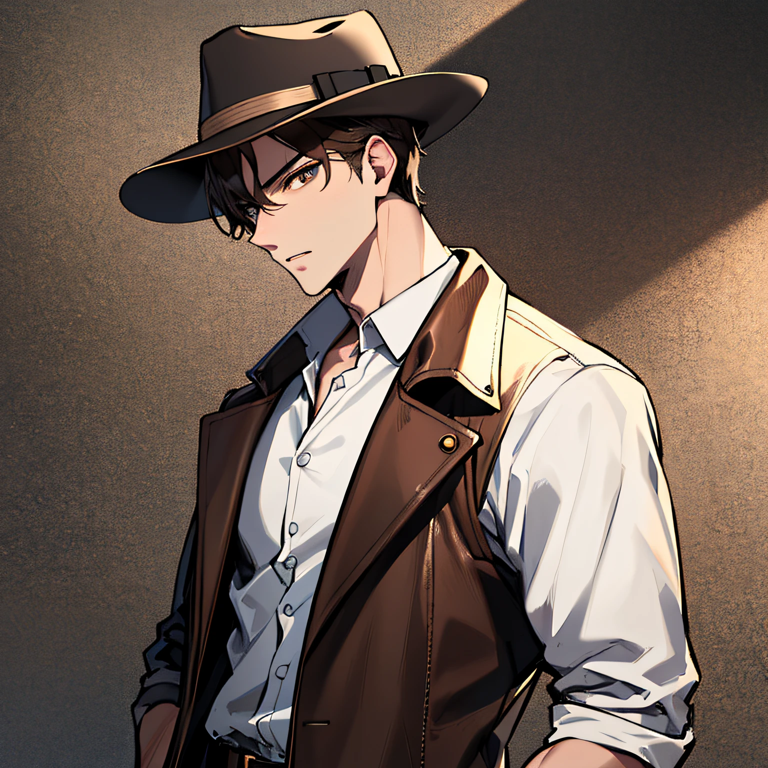 (absurdres, 8k, 4k, masterpiece, hyper extreme detailed:1.2), solo, 1guy, front view, perfect face, 1guy, portrait, expressive eyes, looking at viewer, solo, best quality, expressive eyes, perfect face, Black Hair, Fedora, Brown fedora, Brown Hat, Brown Leather Jacket, Leather Jacket, Tall, Boy, Khakis, White Shirt, Clean Shaven, No Facial Hair, director, film director, cowboy_shot, perfect anatomy, half body, muscular, no watermark, film set background, forward view, facing forward,