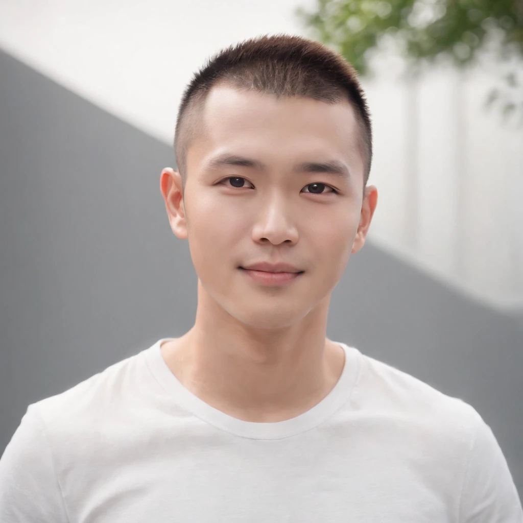 (Photo: 1.3) af (realistic: 1.3), East Asian man, buzz cut,soft light, clear face, front, ((white T-shirt)), cheerful, warm light, ((gray-white gradient background)),(background)) ,avatar,(short hair),handsome,young,short hair,((avatar))