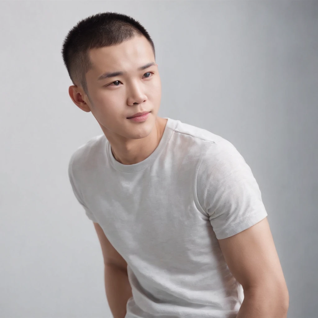 (Photo: 1.3) af (realistic: 1.3), East Asian man, buzz cut,soft light, clear face, front, ((white T-shirt)), cheerful, warm light, ((gray-white gradient background)),(background)) ,avatar,(short hair),handsome,young,short hair,((avatar))