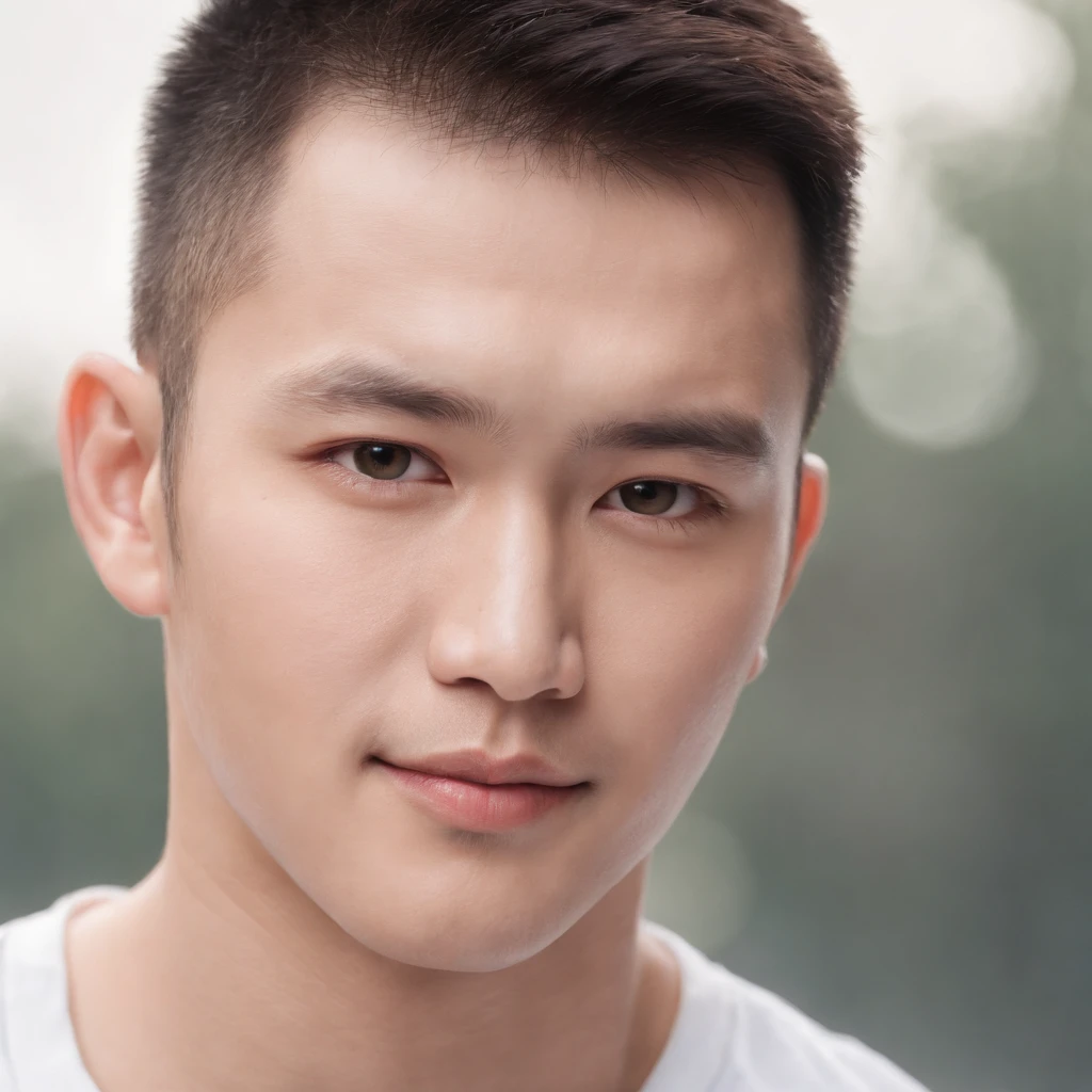 (Photo: 1.3) af (realistic: 1.3), East Asian man, buzz cut,soft light, clear face, front, ((white T-shirt)), cheerful, warm light, ((gray-white gradient background)),(background)) ,avatar,(short hair),handsome,young,short hair,((avatar))
