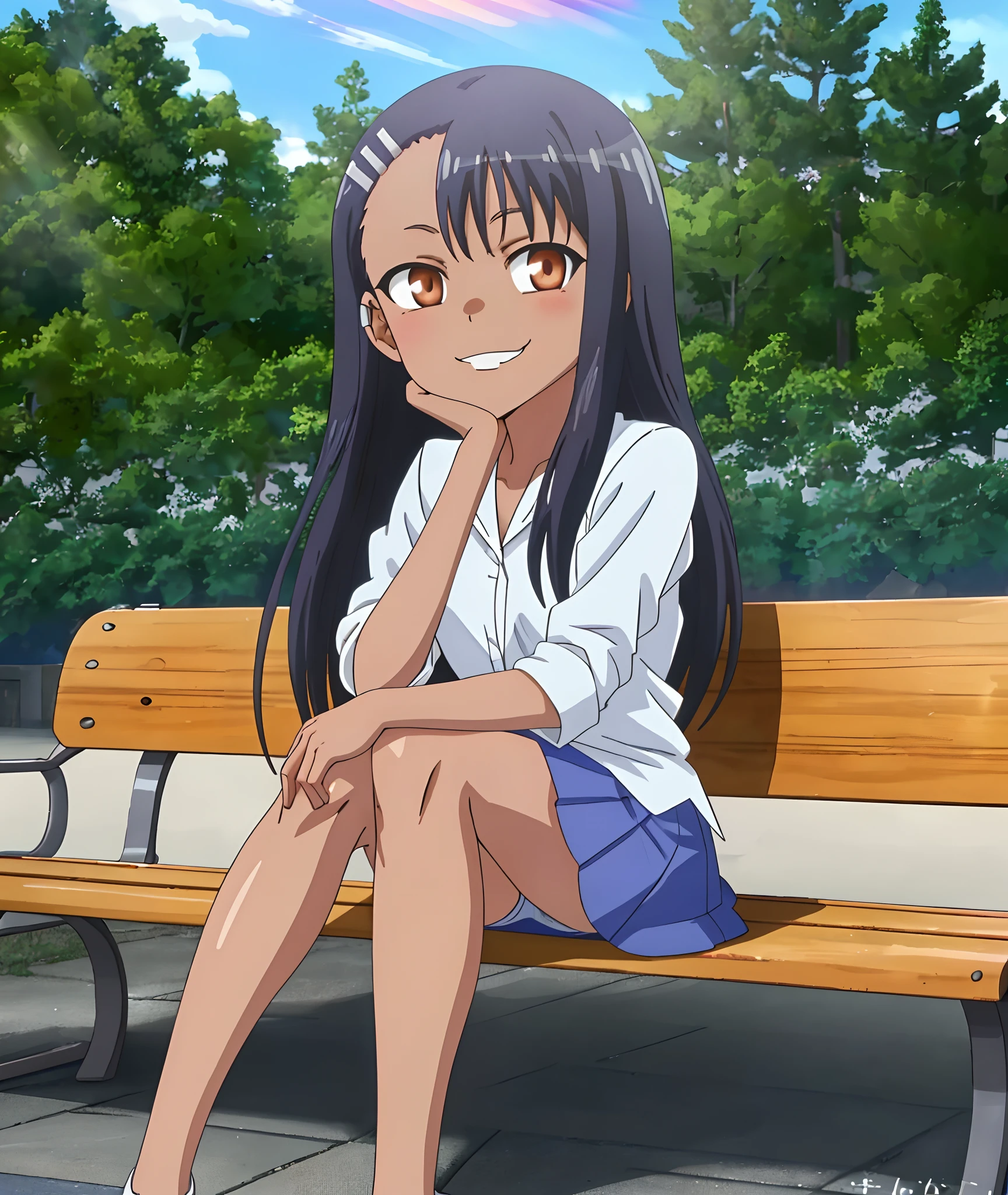 [Hayase Nagatoro], [Don't toy with me, nagatoro], ((masterpiece)), ((HD)), ((high quality)), ((solo portrait)), ((front view)), ((anime)), ((detailed shading)), ((beautiful render art)), ((cinematic lighting)), ((intricate details)), [nagatoro hayase, hair ornament, brown eyes, hairclip ,dark skin, black hair,], {(slim body), (beautiful defined legs), (gorgeous hips), (smug smirk), (white teeth)}, {(white button-up shorts), (blue skirt), (upskirt blue panties)}, {(sitting on bench), (head resting on hand), (looking at viewer)}, [Background; (school yard), (trees), (blue sky), (sun rays)]