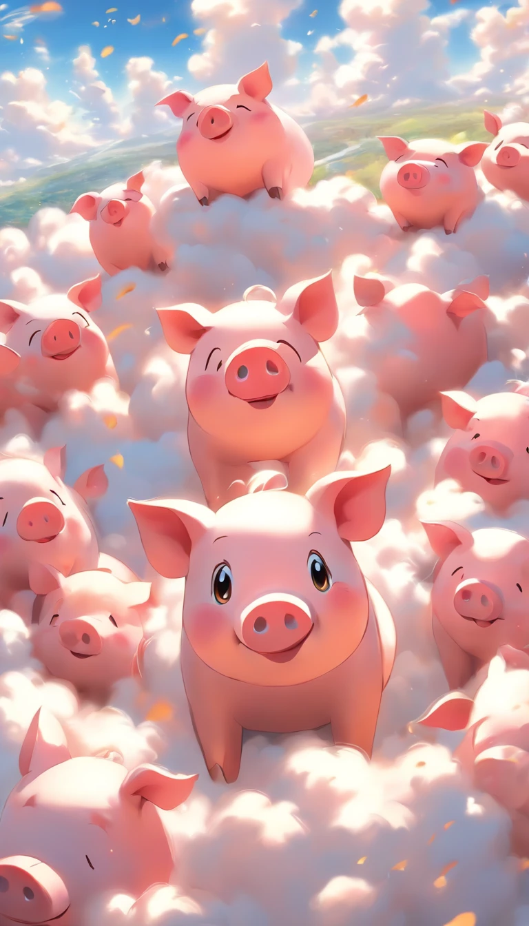 (Best Quality,4K,hight resolution),(Realistic:1.37),Vivid colors,Sharp Focus,Physically-based rendering,Ultra-detailed,Clouds made pigs,Bustling sky,sea of clouds,Playful pigs,Fluffy clouds,Pig-shaped clouds,puffy white clouds,Empty piggy bank,sunny sky,Blue sky,white clouds,Smiling piggy bank,Joyful pigs