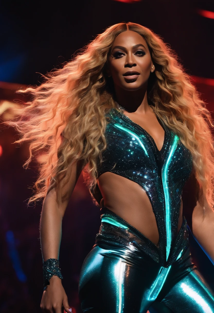 Beyoncé on stage with neon lights and long blonde hair singing with dancers and lights, estrelas, uma roupa futurista, cabelo liso