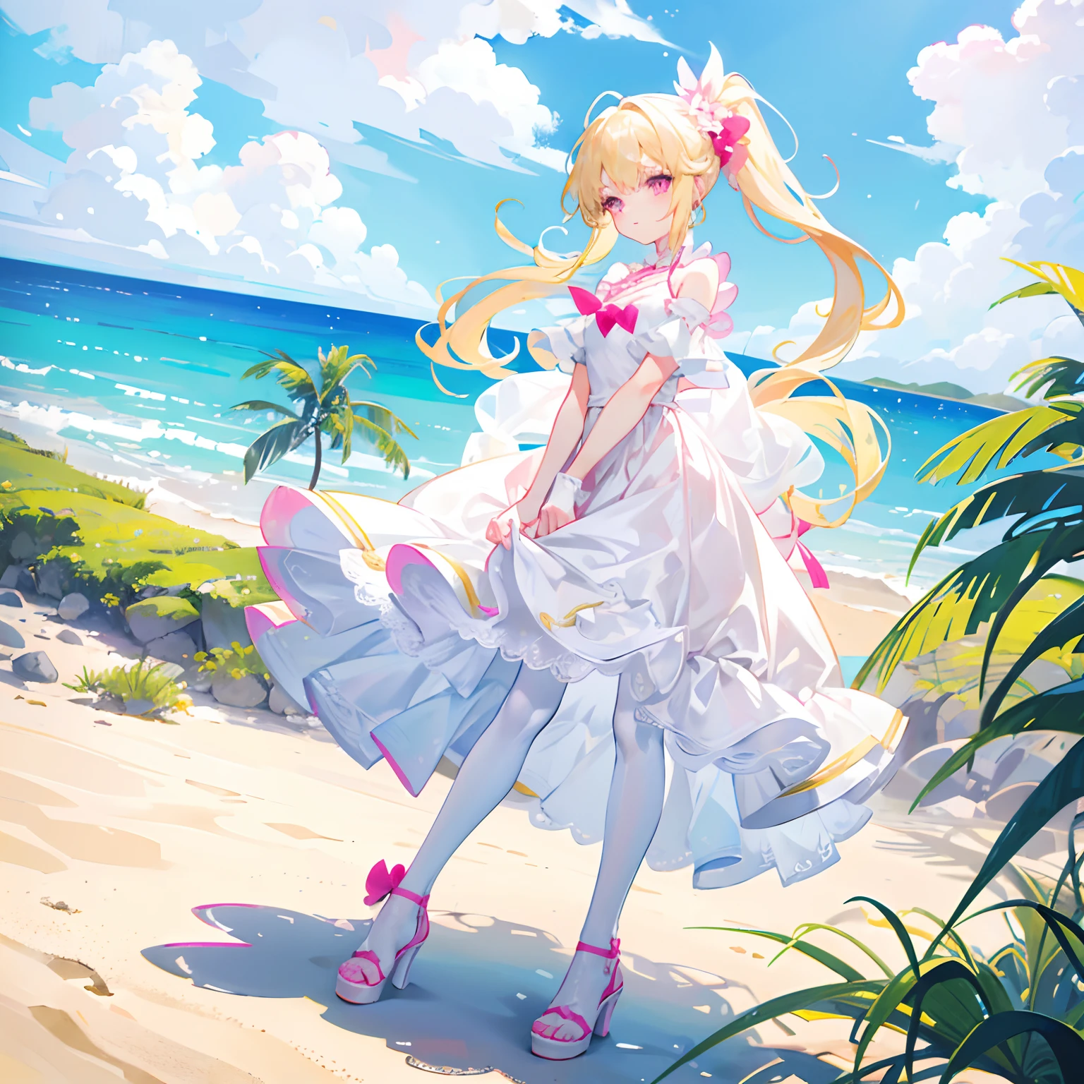 Light yellow hair,Double ponytail hairstyle,Pink eyes,Pink pupils,teens girl,White gorgeous beautiful dress,White silk pantyhose,Wearing white high heels on his feet,fully body photo,All body,Fingers and arms are not exposed,Background sandy beach,with blue sky and white clouds,Flowers and bushes,Happy expression