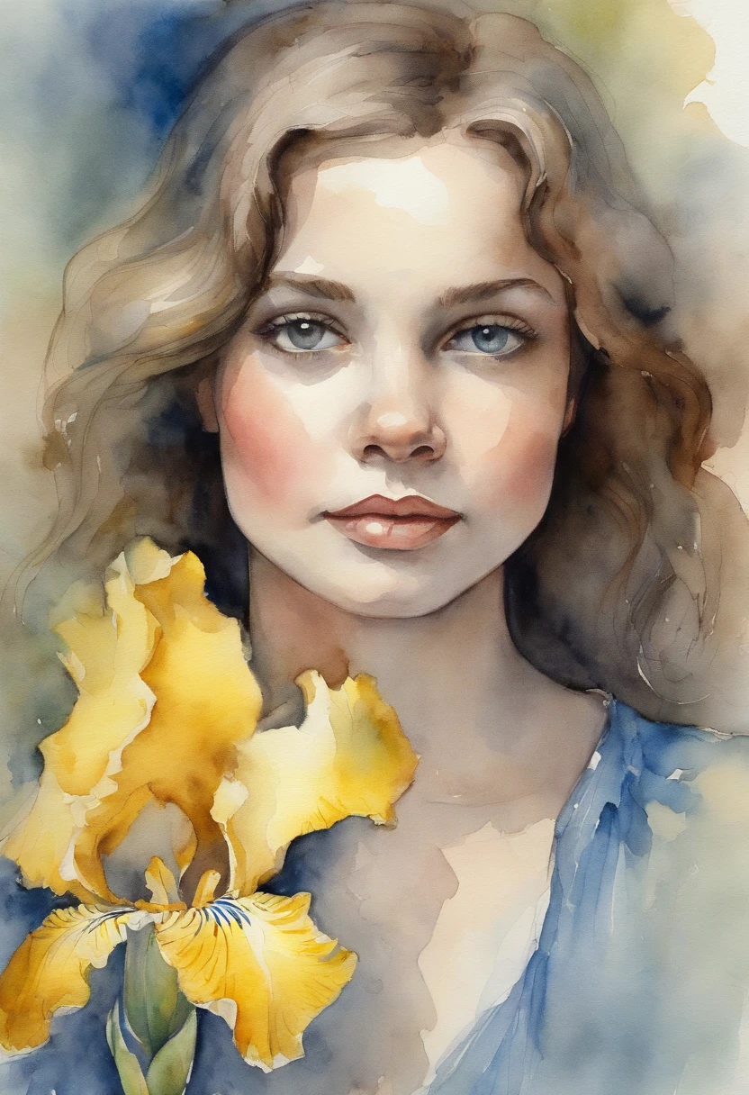 Young girl with yellow and blue iris, Stacia Burlington style, watercolor, soft color, Serene face, close-up, Vintage images