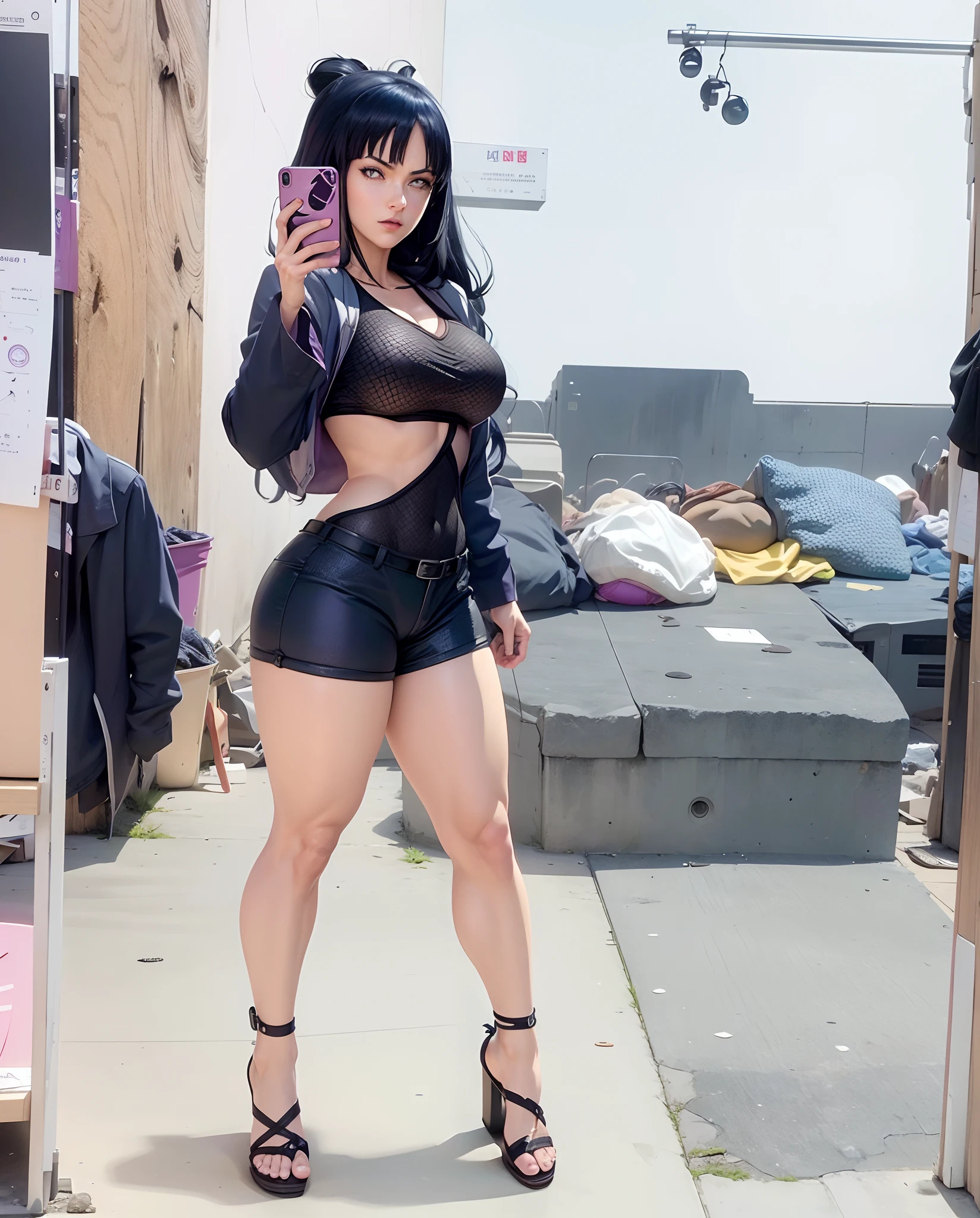 Hinata Hyuga, extremamente realista, sexy, corpo perfeito, bunda grande, pernas grossas, fitness, linda, extremamente bonita, 1 mulher linda, tirando selfie, iPhone in your hands, ninja