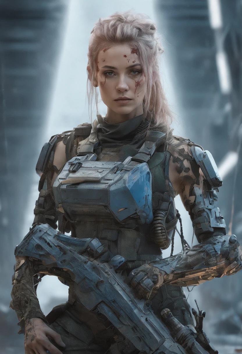 Beautiful hyperrealistic photograph of cute Young Swedish woman with Runic tattoos, ((dirty face Blood splattered)), (((wearing full heavy mecha armor, combat harness, Neon highlights))) Short Red and Blue Braids, (((sitting on a Futuristic Tank pose))), (exterior of Military Facility in the background), Camo netting, Ammo Boxes abstract beauty, near perfection, pure form, Golden Ratio, concept art, By Brian Froud and Carne Griffiths and Wadim Kashin, intricate detail, 8k post-production, High resolution, super Detail, trending on ArtStation, sharp focus, studio photos, intricate detail, Very detailed, By Greg Rutkowski