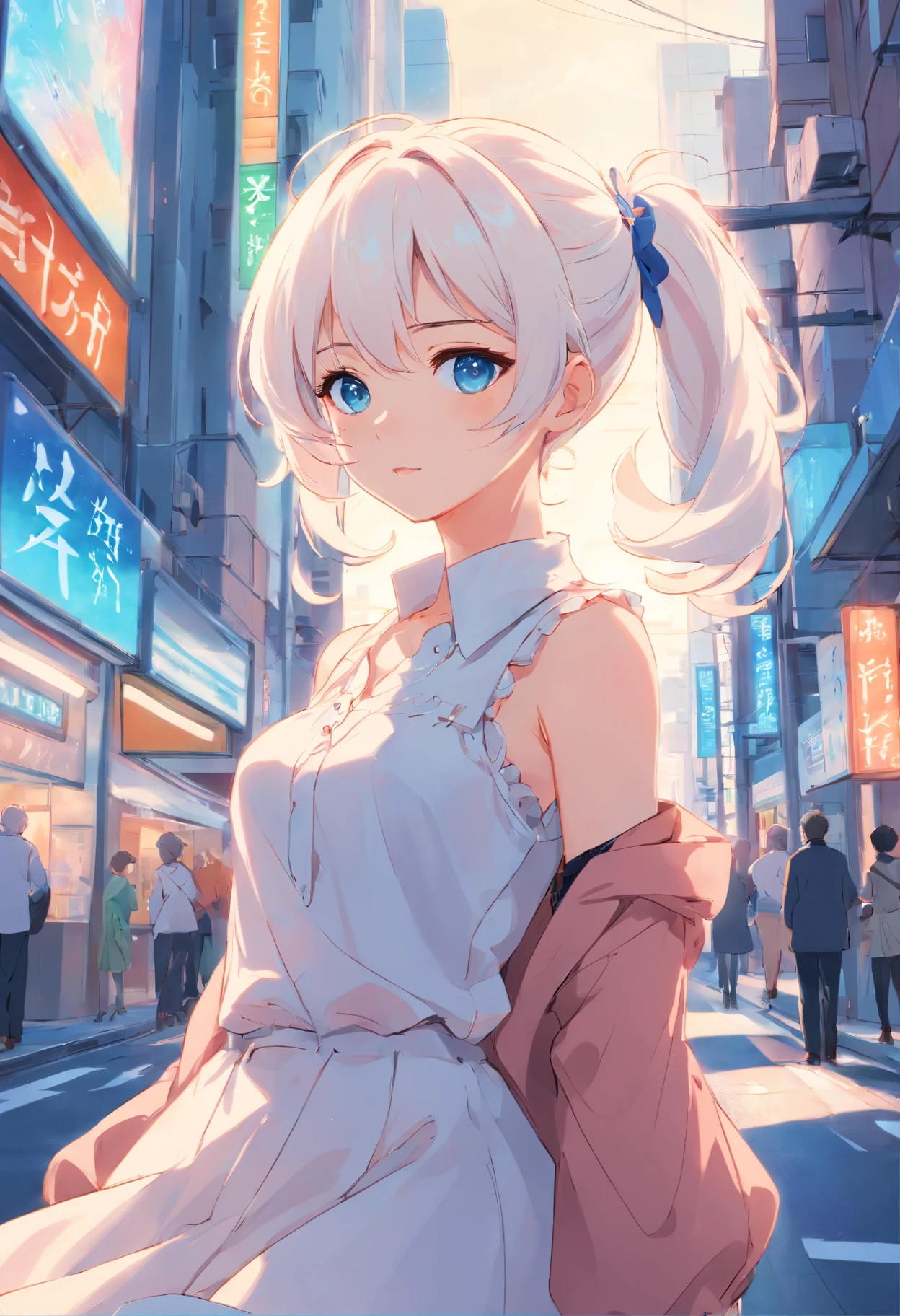 White color hair,Double ponytail curls,blue color eyes,White Lolita,Beth,A bustling city street